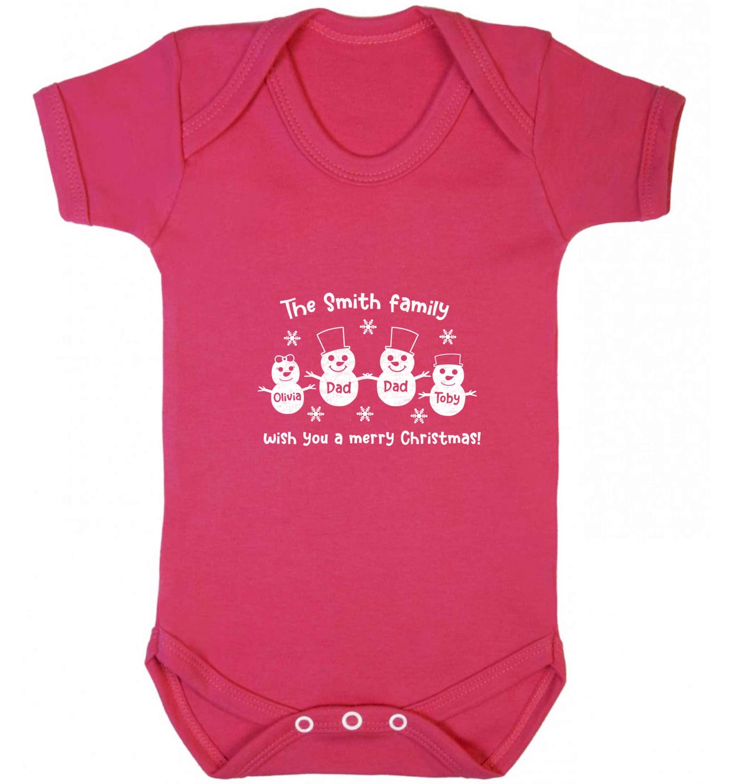Personalised snowman family two dads baby vest dark pink 18-24 months