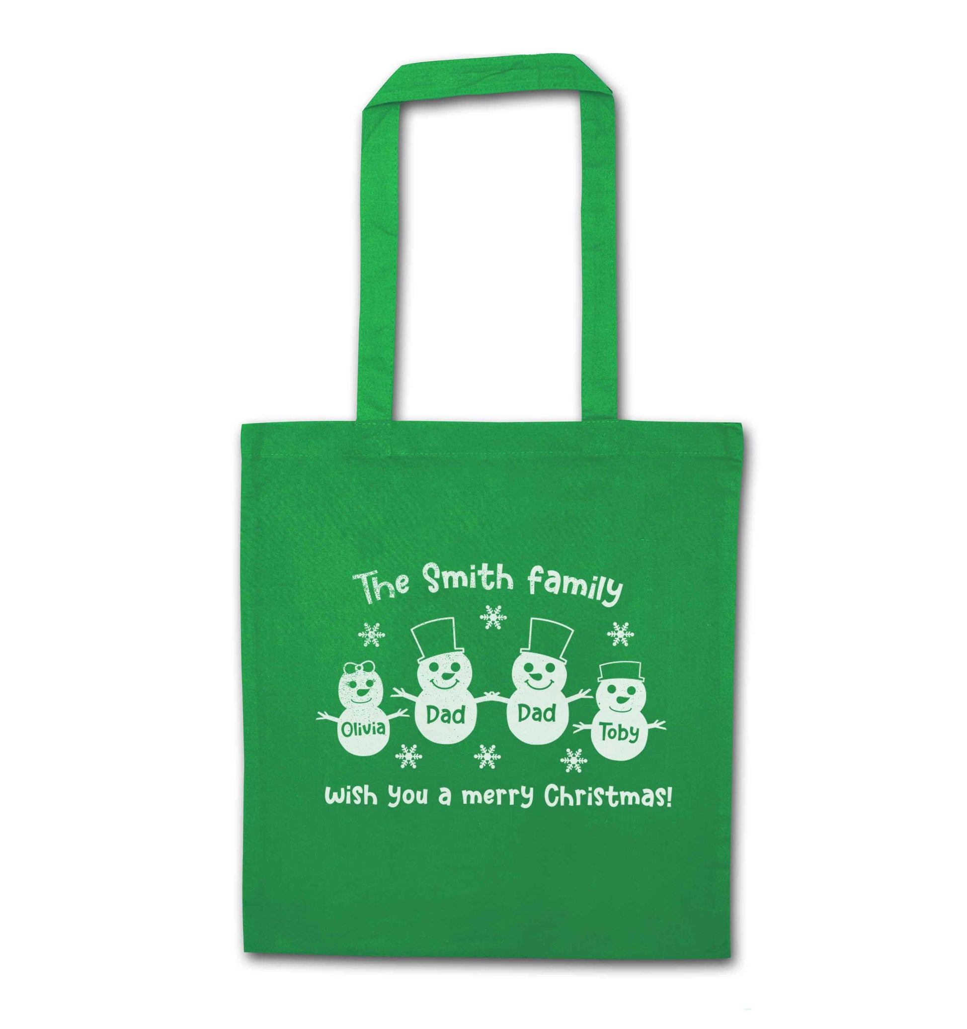 Personalised snowman family two dads green tote bag