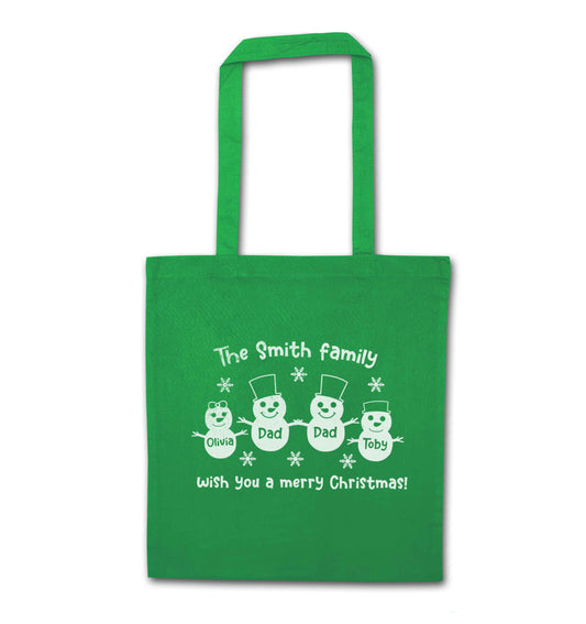 Personalised snowman family two dads green tote bag