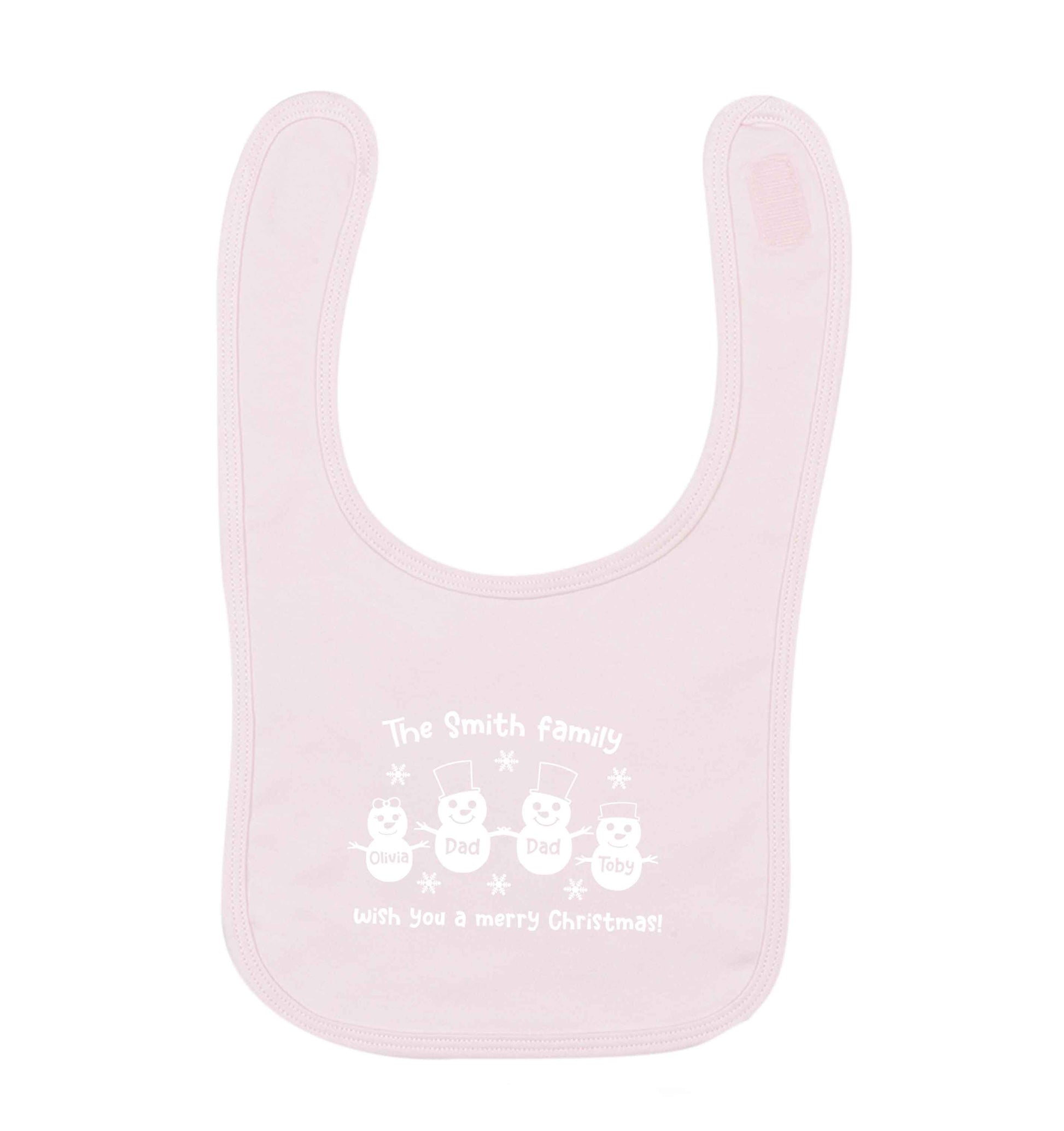 Personalised snowman family two dads pale pink baby bib