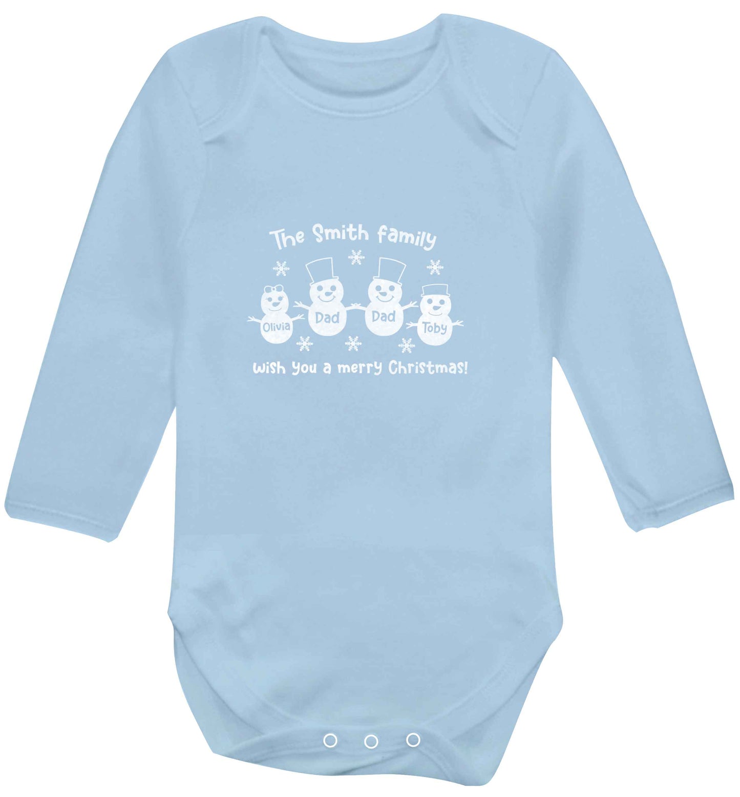 Personalised snowman family two dads baby vest long sleeved pale blue 6-12 months