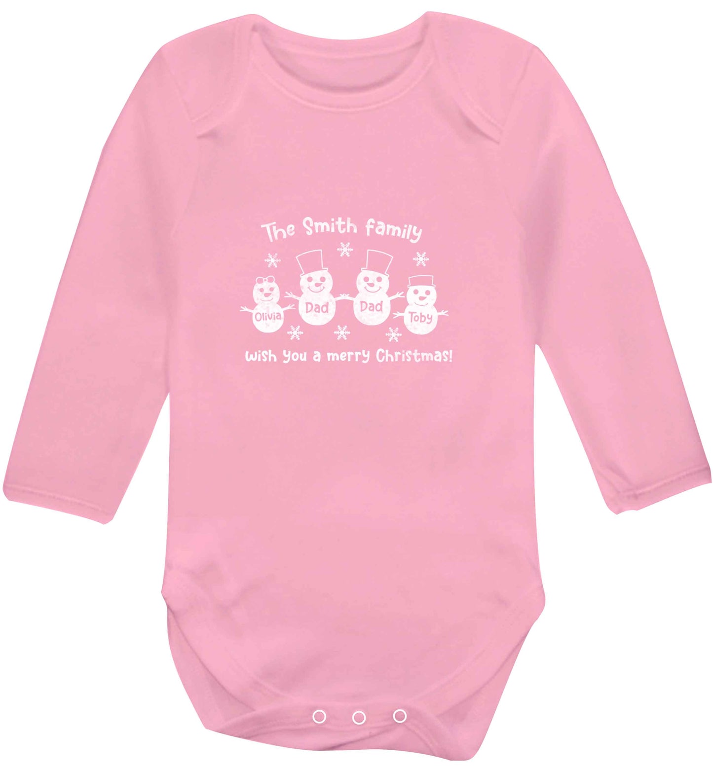 Personalised snowman family two dads baby vest long sleeved pale pink 6-12 months