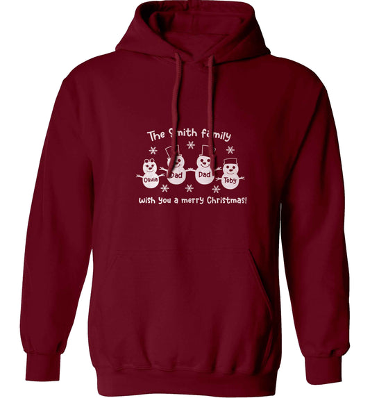 Personalised snowman family two dads adults unisex maroon hoodie 2XL