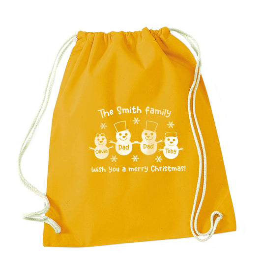 Personalised snowman family two dads mustard drawstring bag