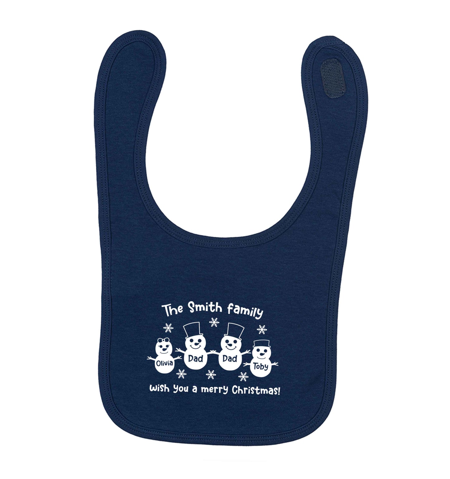 Personalised snowman family two dads navy baby bib
