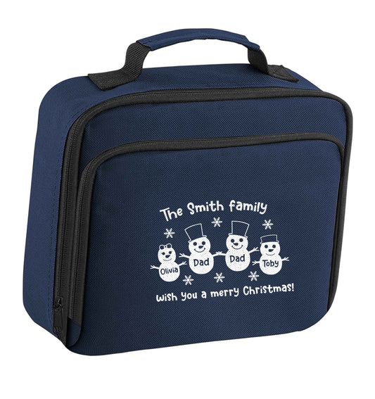 Personalised snowman family two dads insulated navy lunch bag cooler