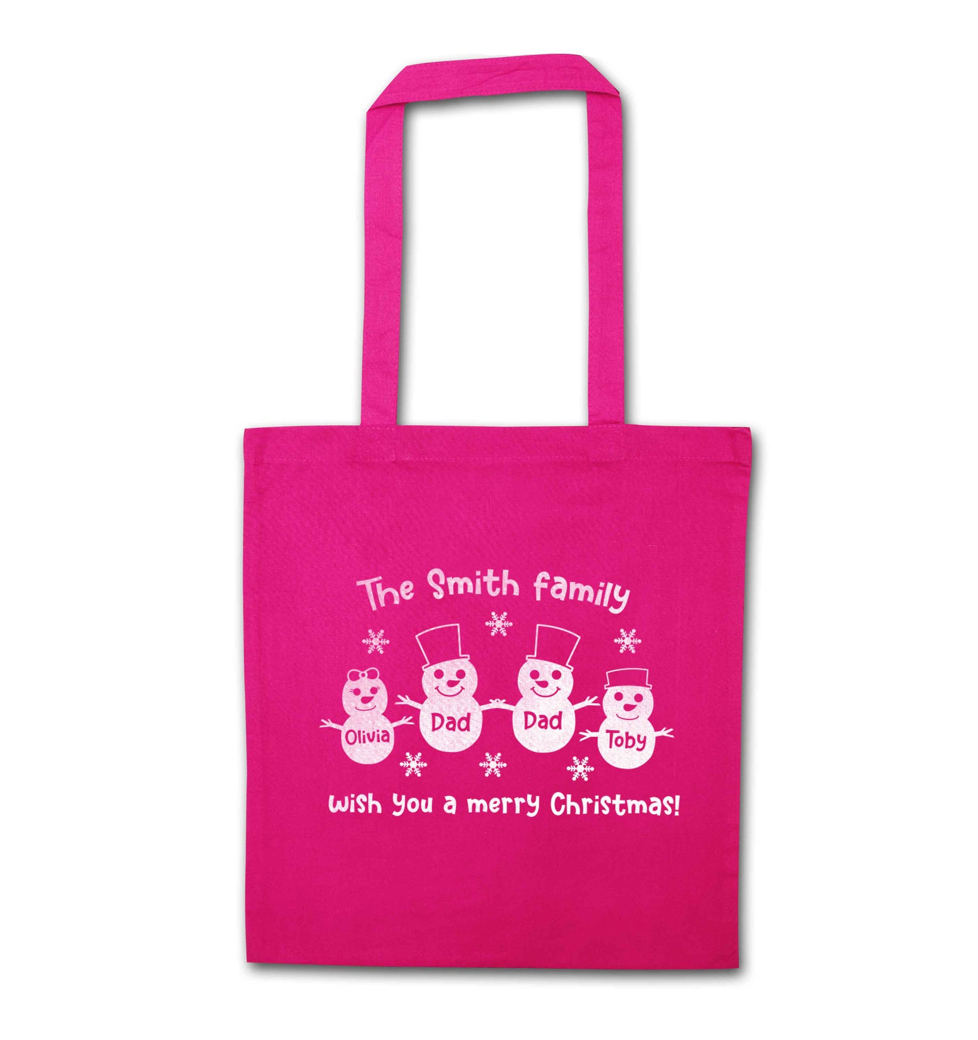 Personalised snowman family two dads pink tote bag
