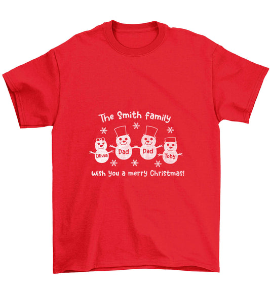 Personalised snowman family two dads Children's red Tshirt 12-13 Years