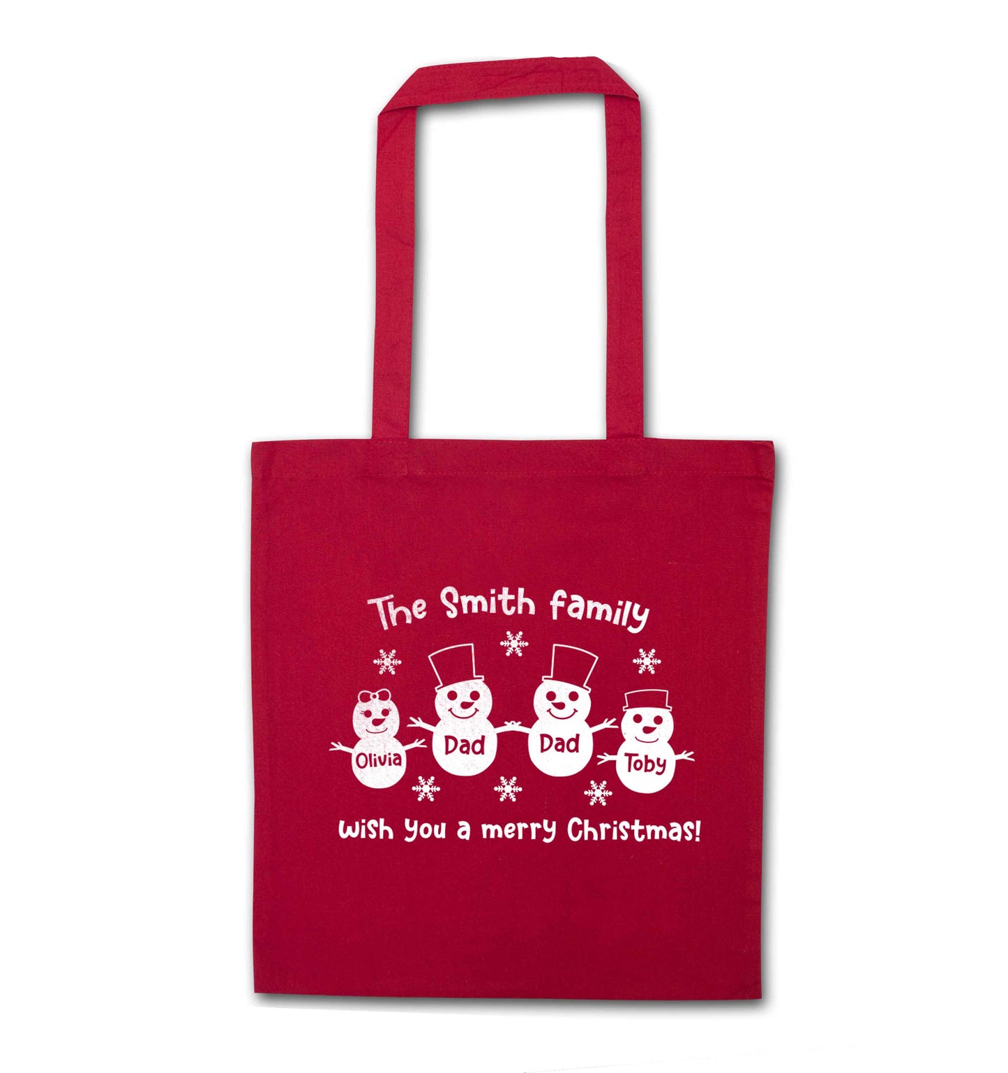 Personalised snowman family two dads red tote bag