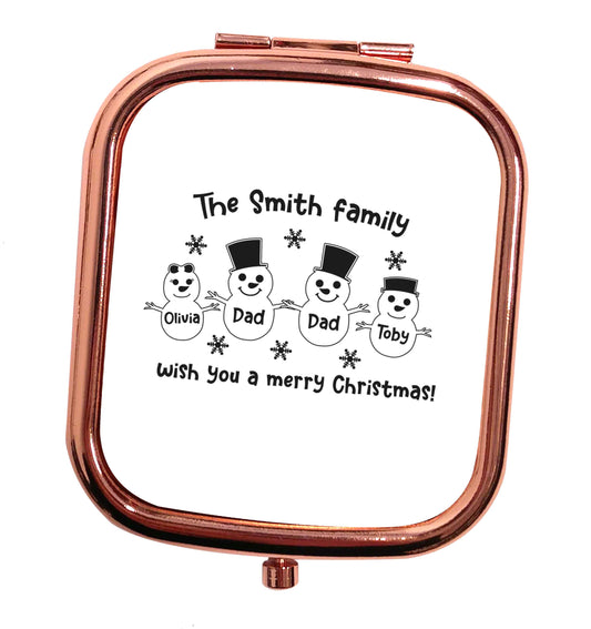 Personalised snowman family two dads rose gold square pocket mirror