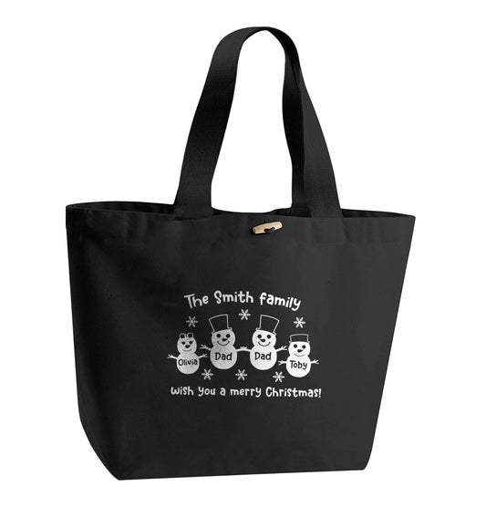Personalised snowman family two dads organic cotton premium tote bag with wooden toggle in black