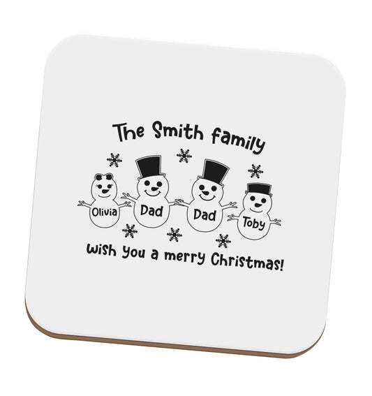Personalised snowman family two dads set of four coasters