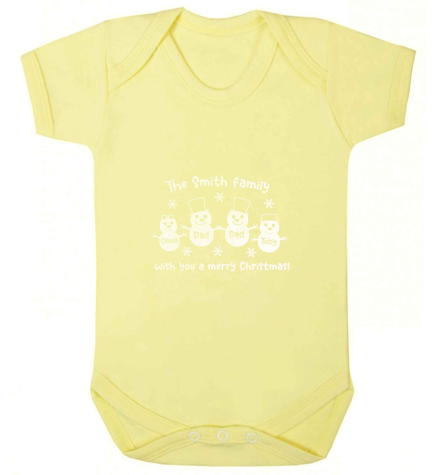 Personalised snowman family two dads baby vest pale yellow 18-24 months