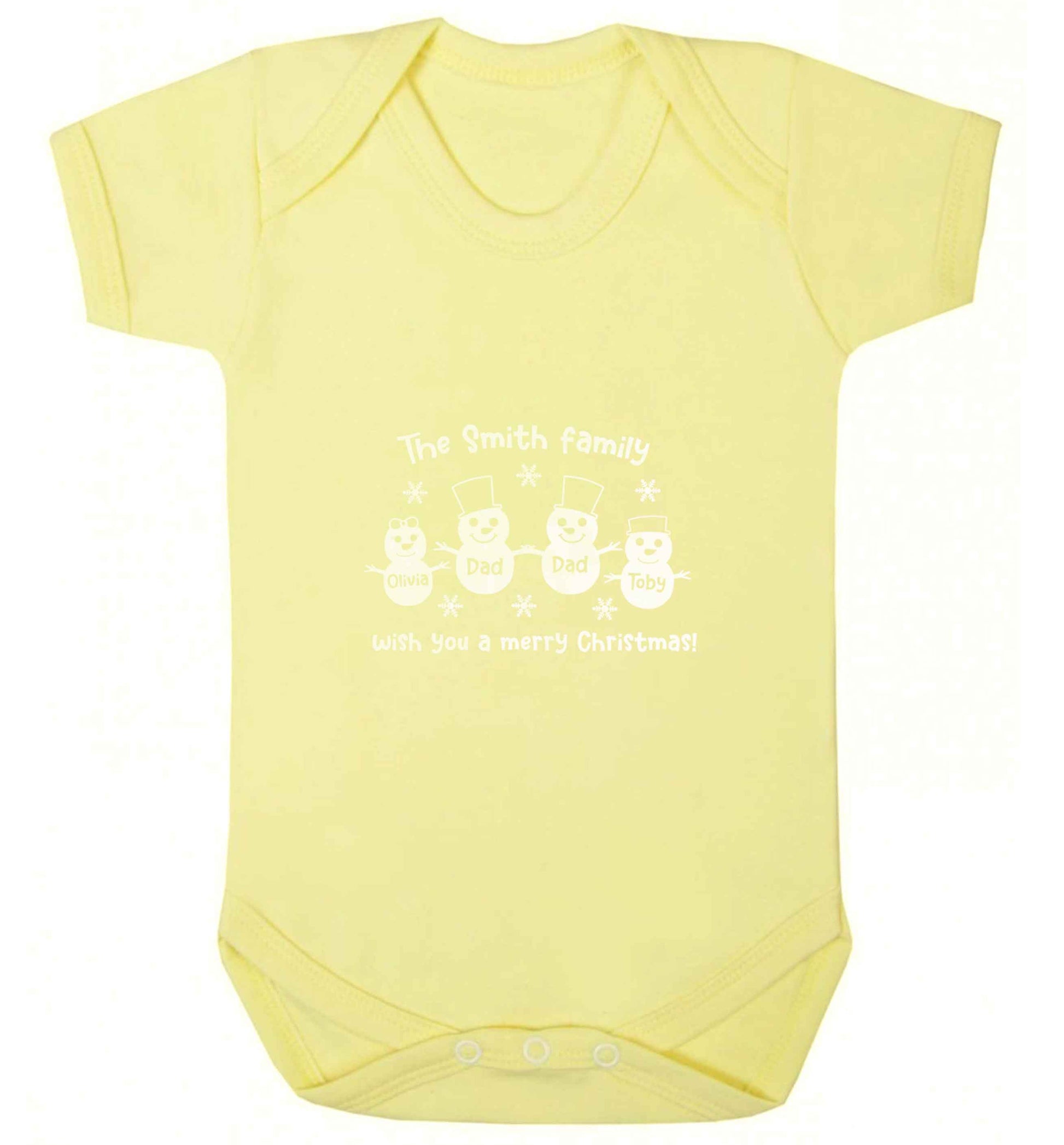 Personalised snowman family two dads baby vest pale yellow 18-24 months
