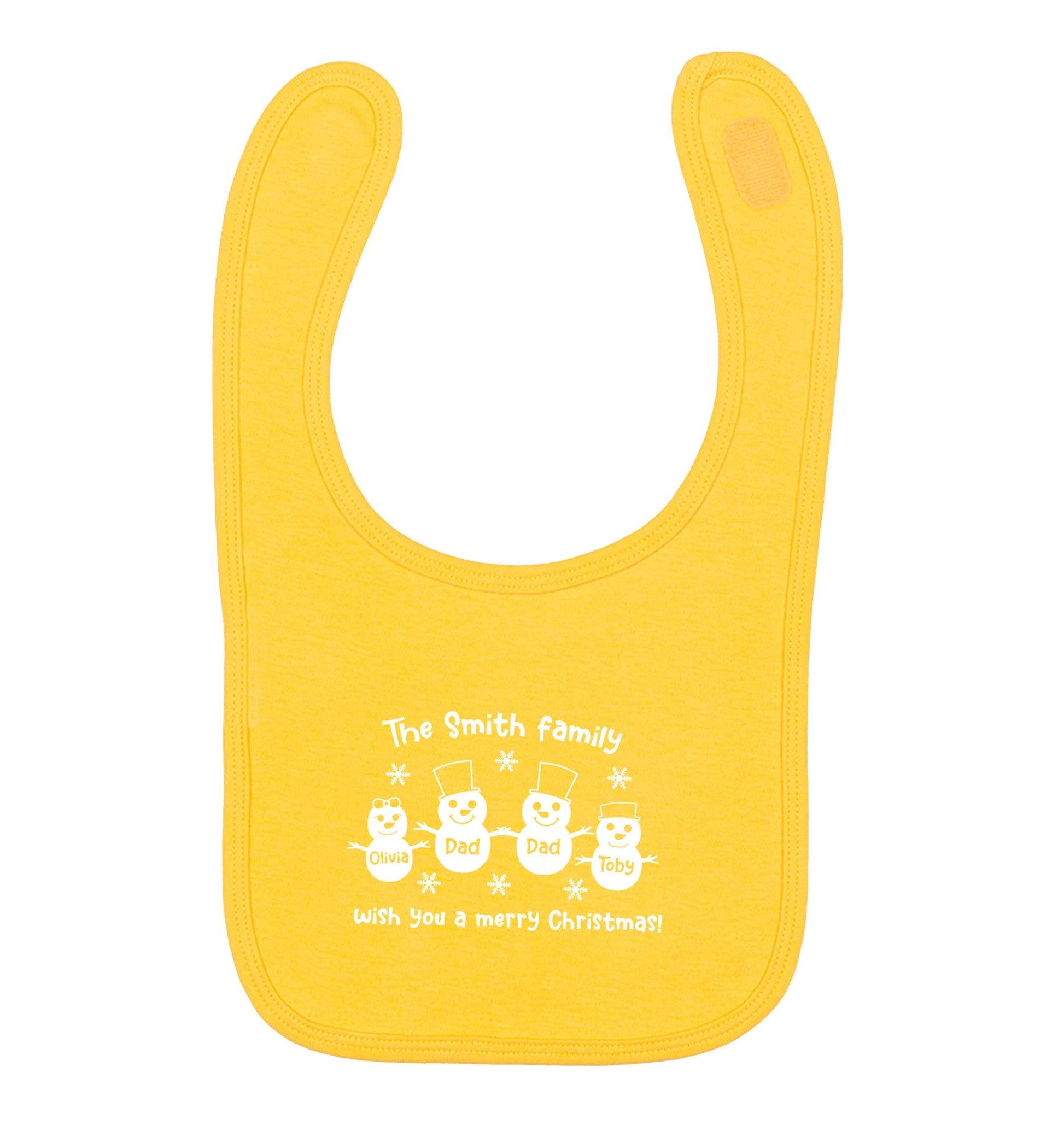 Personalised snowman family two dads yellow baby bib