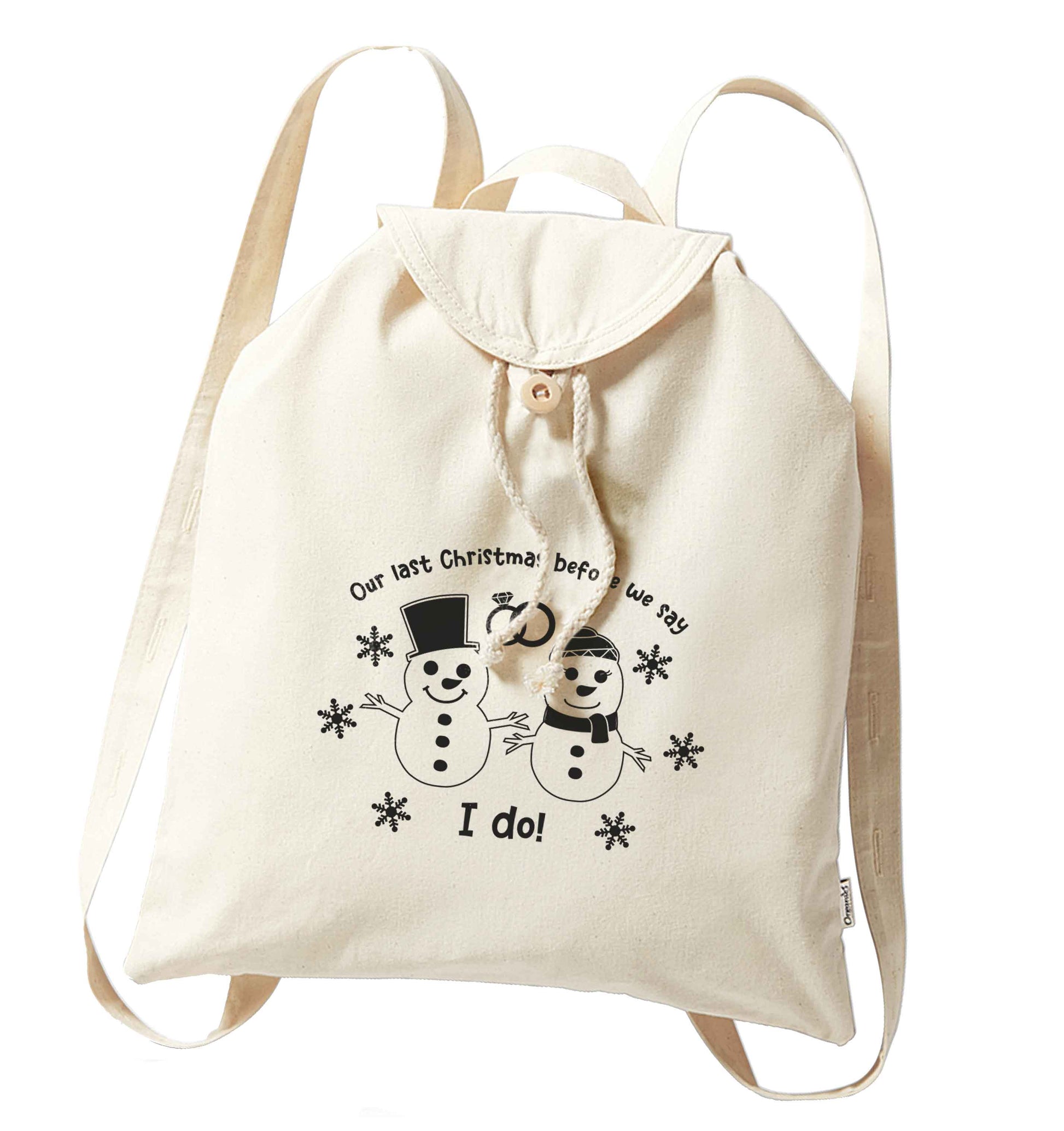 Last Christmas before we say I do organic cotton backpack tote with wooden buttons in natural