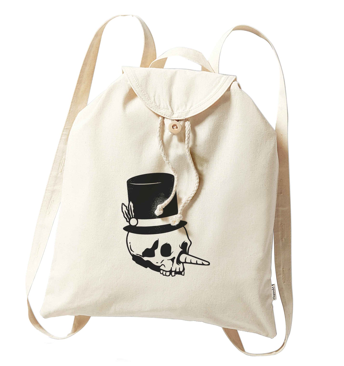 Snowman punk organic cotton backpack tote with wooden buttons in natural