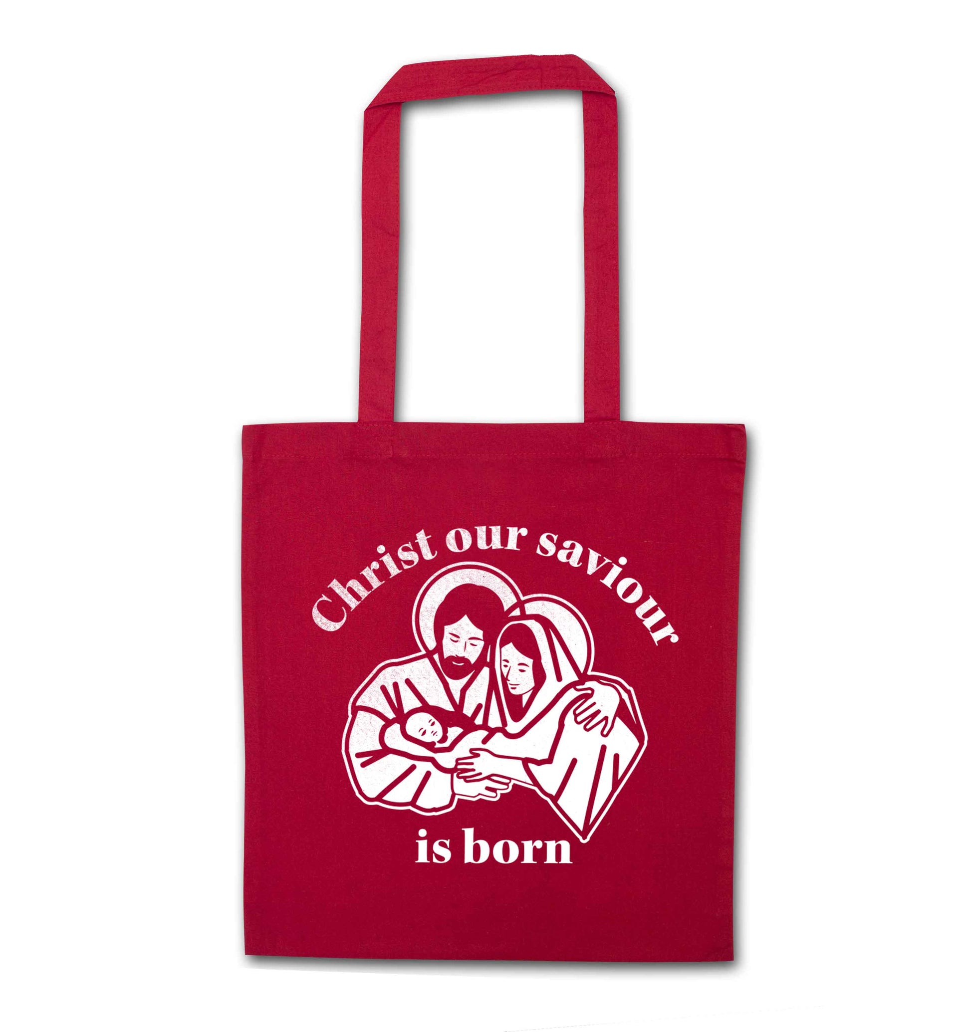 Christ our saviour is born red tote bag