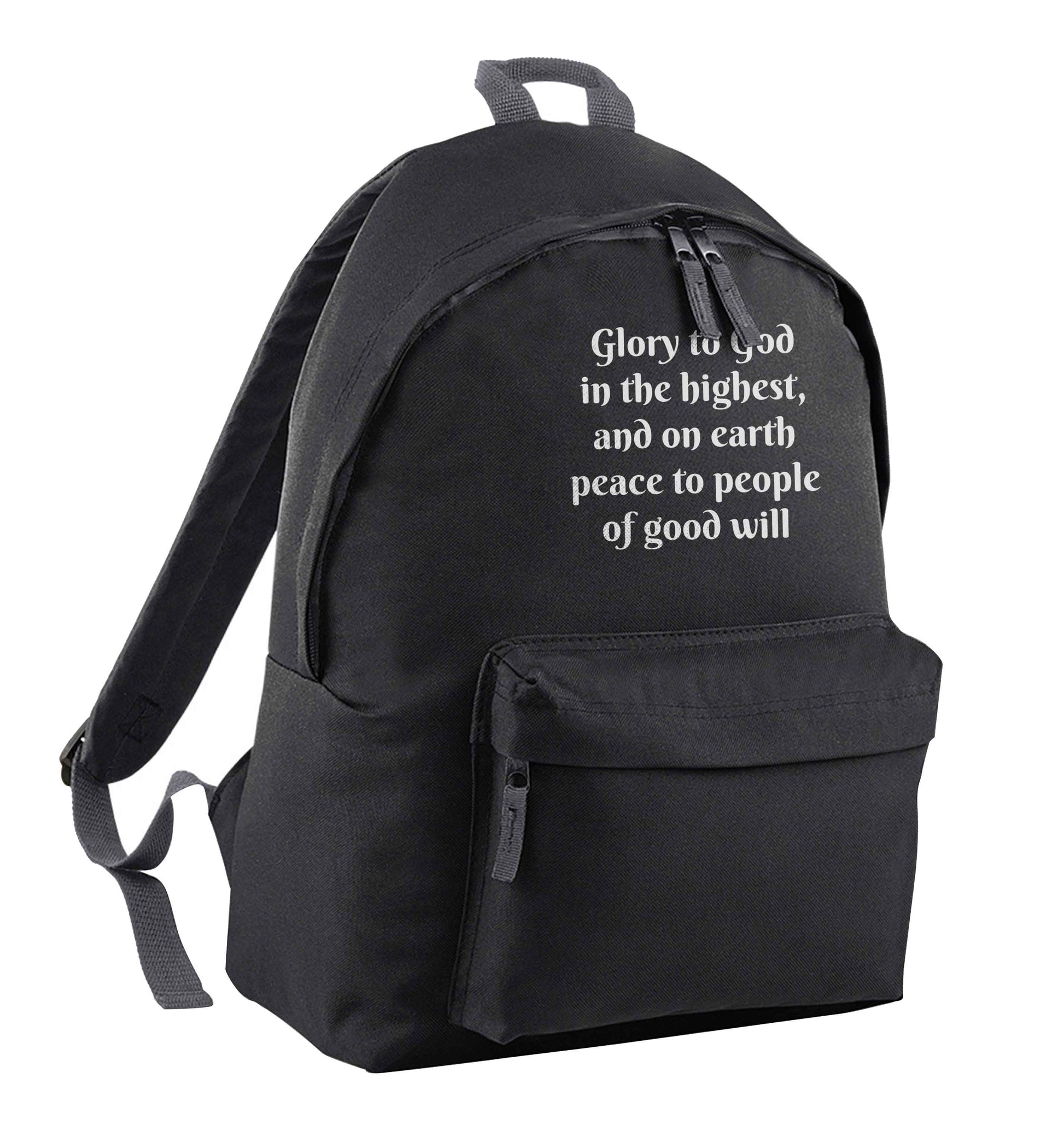 Glory to God in the highest, and on earth peace to people of good will black children's backpack