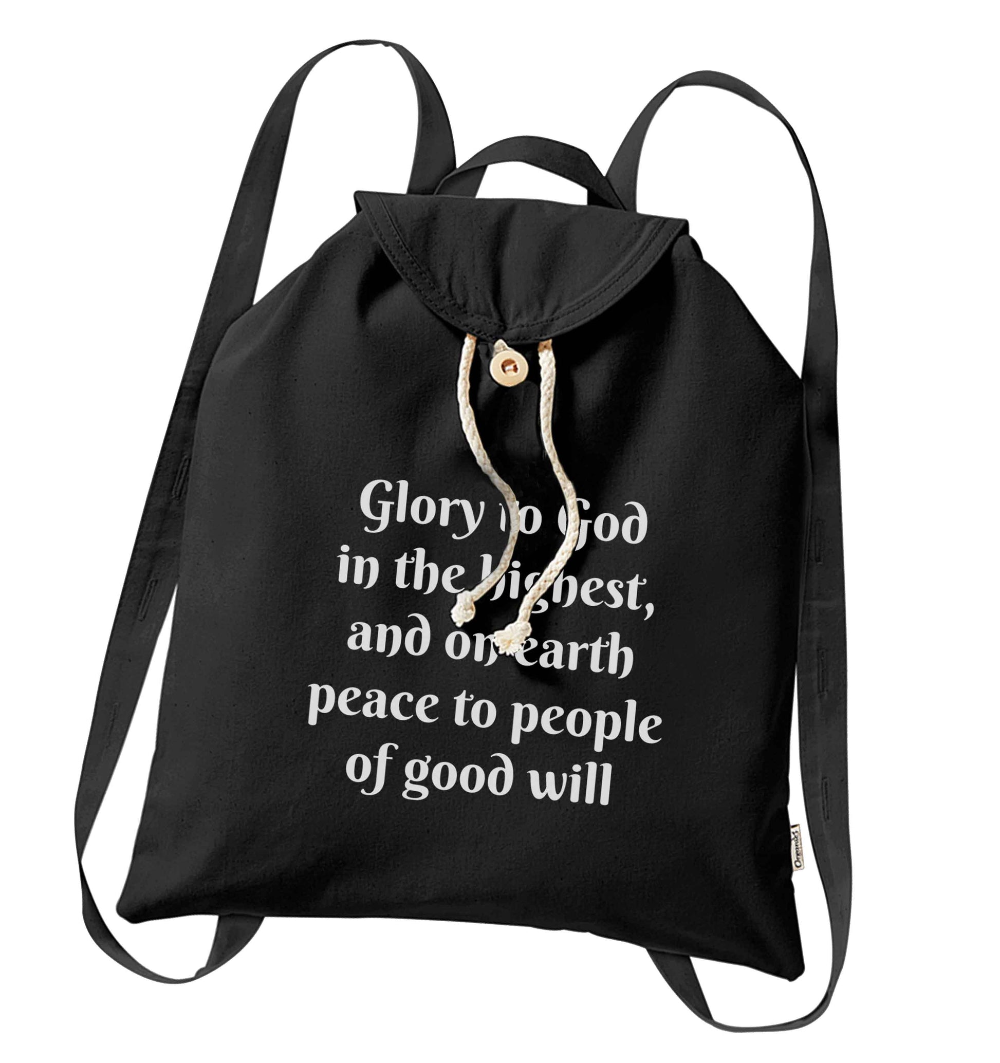 Glory to God in the highest, and on earth peace to people of good will organic cotton backpack tote with wooden buttons in black