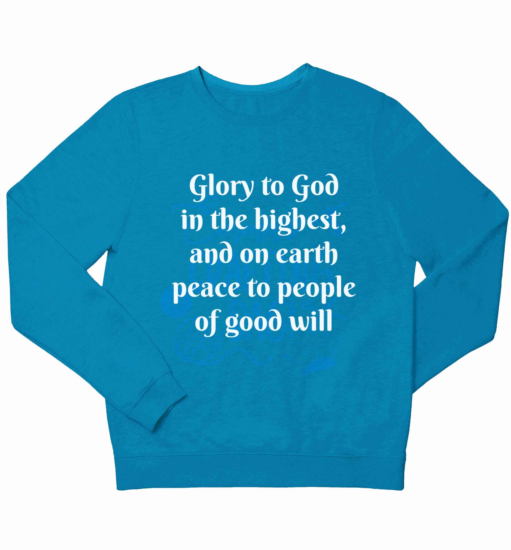 Glory to God in the highest, and on earth peace to people of good will children's blue sweater 12-13 Years