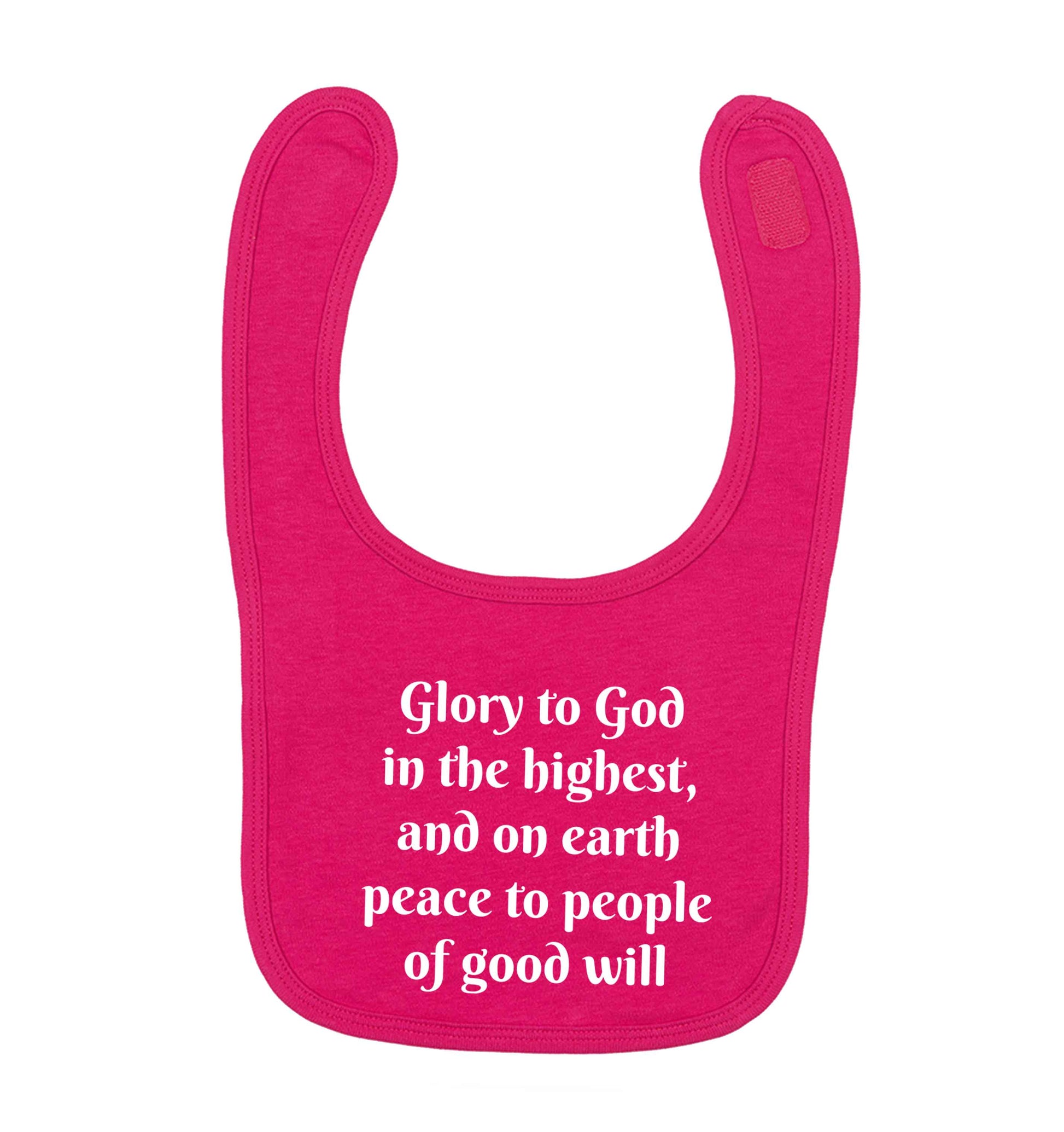 Glory to God in the highest, and on earth peace to people of good will dark pink baby bib
