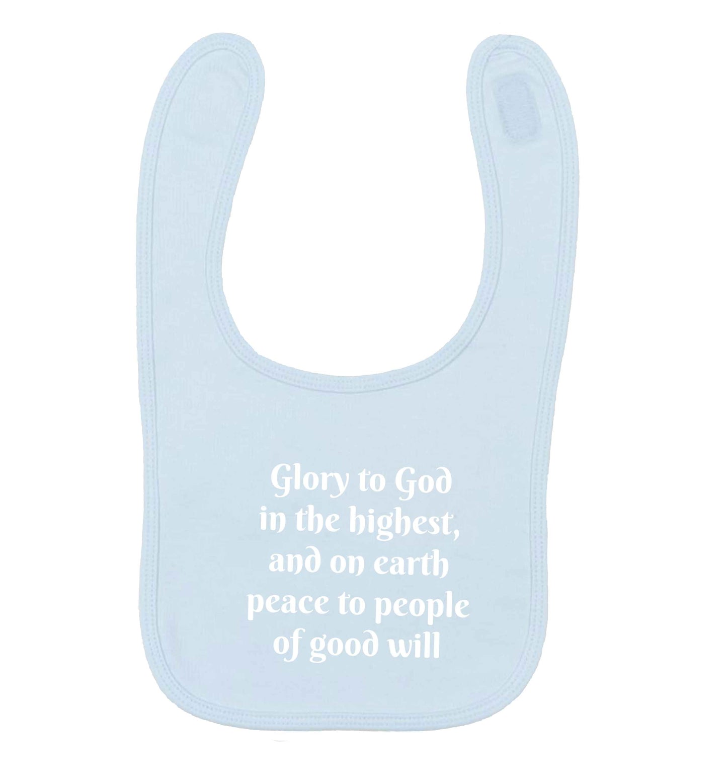 Glory to God in the highest, and on earth peace to people of good will pale blue baby bib
