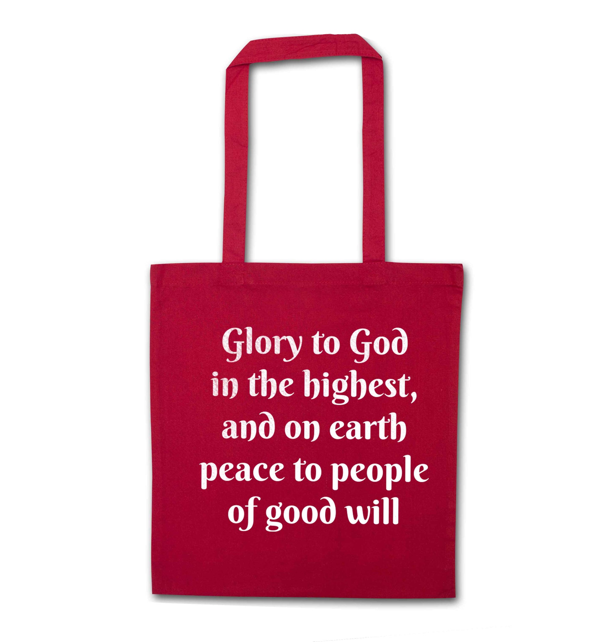 Glory to God in the highest, and on earth peace to people of good will red tote bag
