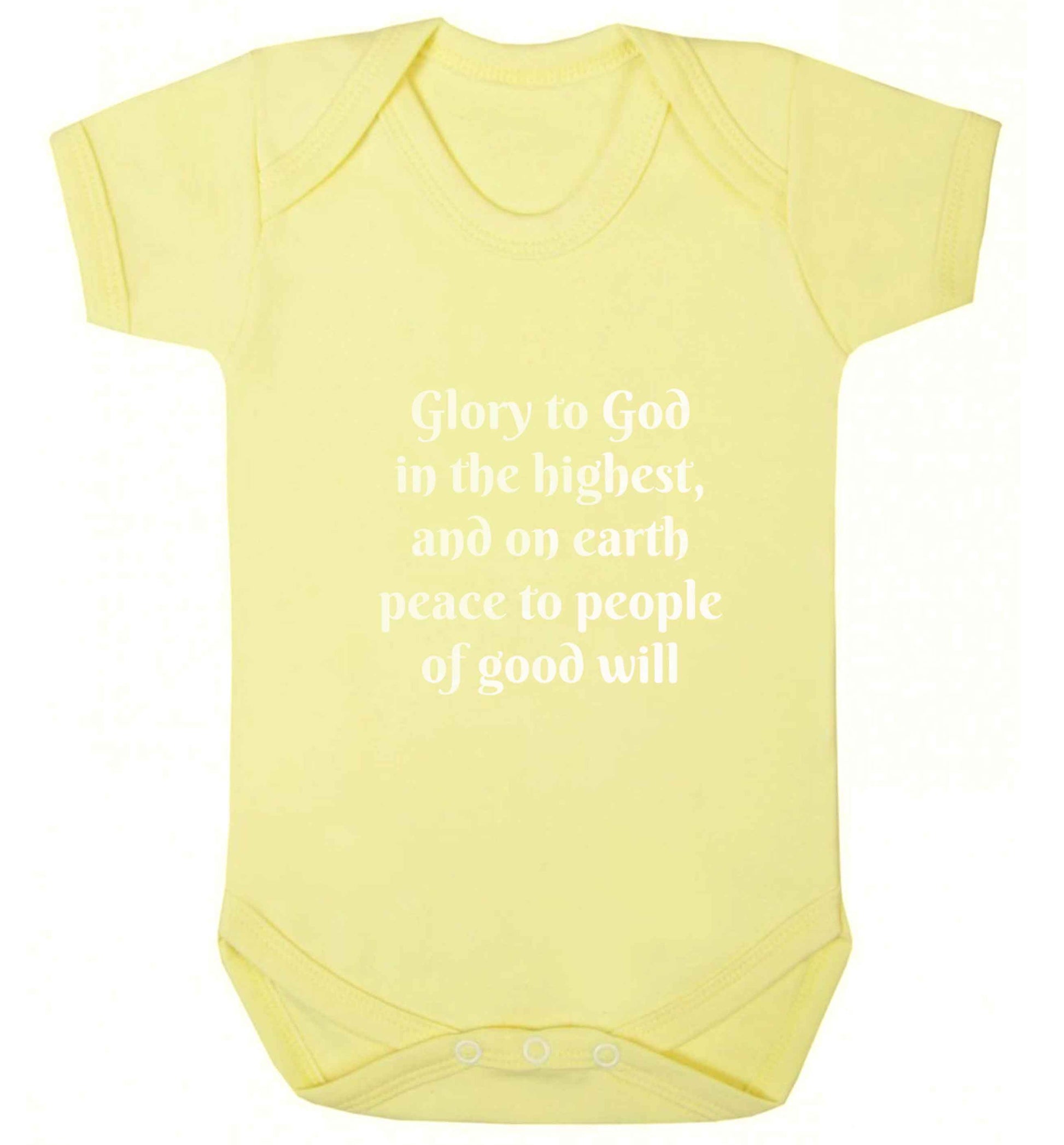 Glory to God in the highest, and on earth peace to people of good will baby vest pale yellow 18-24 months