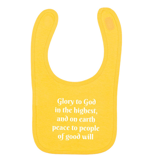 Glory to God in the highest, and on earth peace to people of good will yellow baby bib