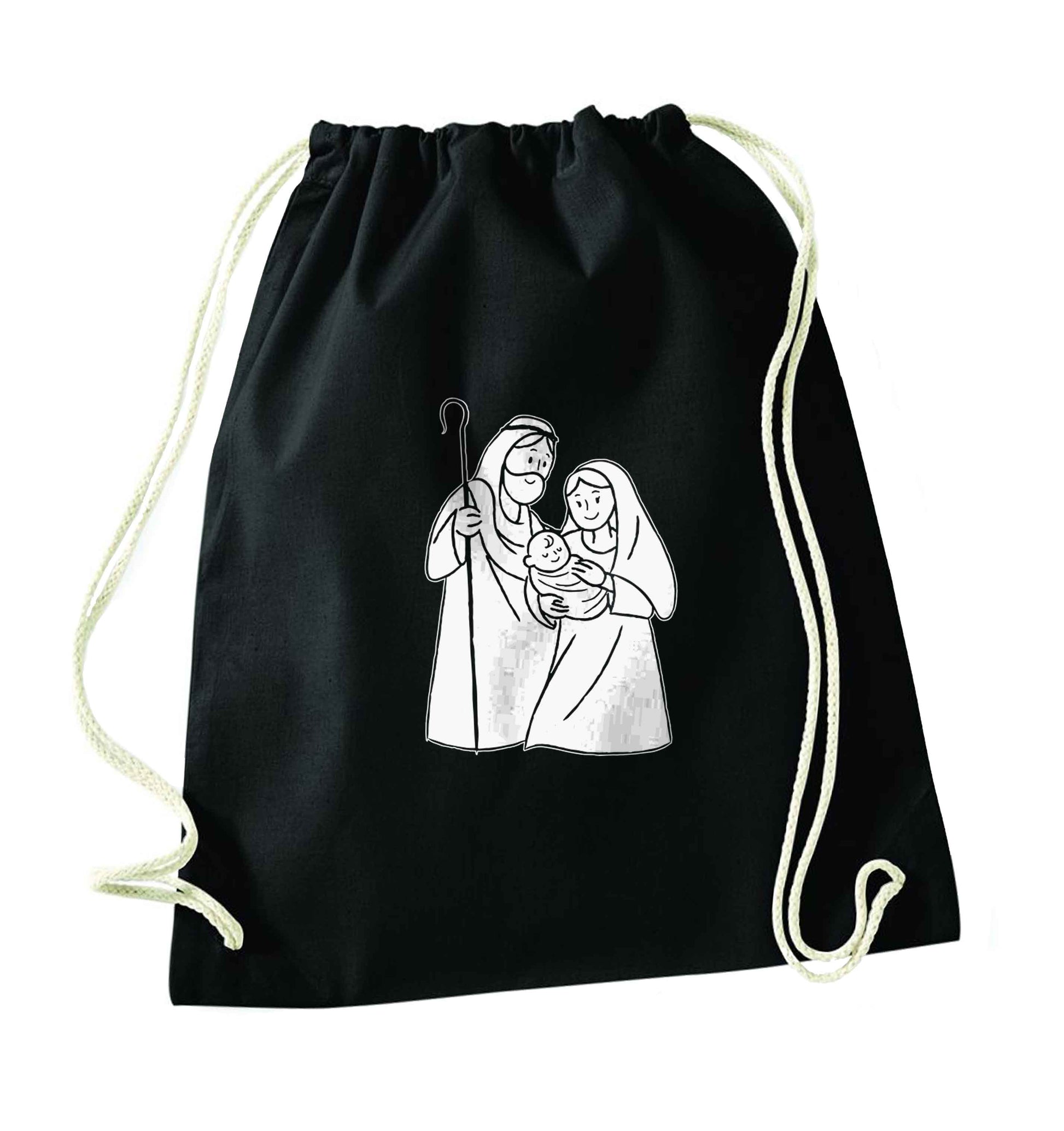 Jesus Mary and joseph black drawstring bag