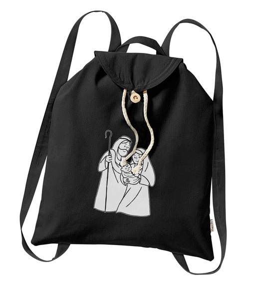 Jesus Mary and joseph organic cotton backpack tote with wooden buttons in black
