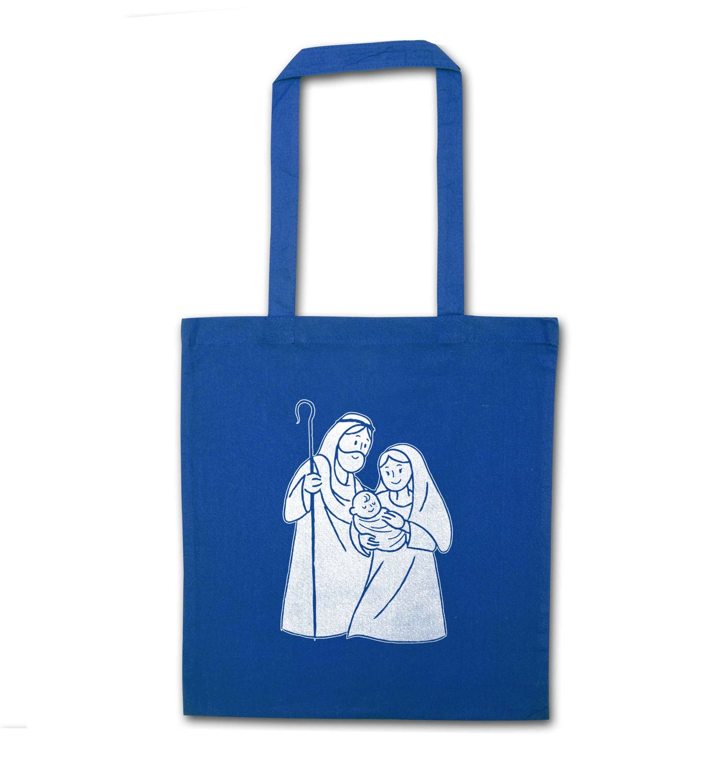 Jesus Mary and joseph blue tote bag