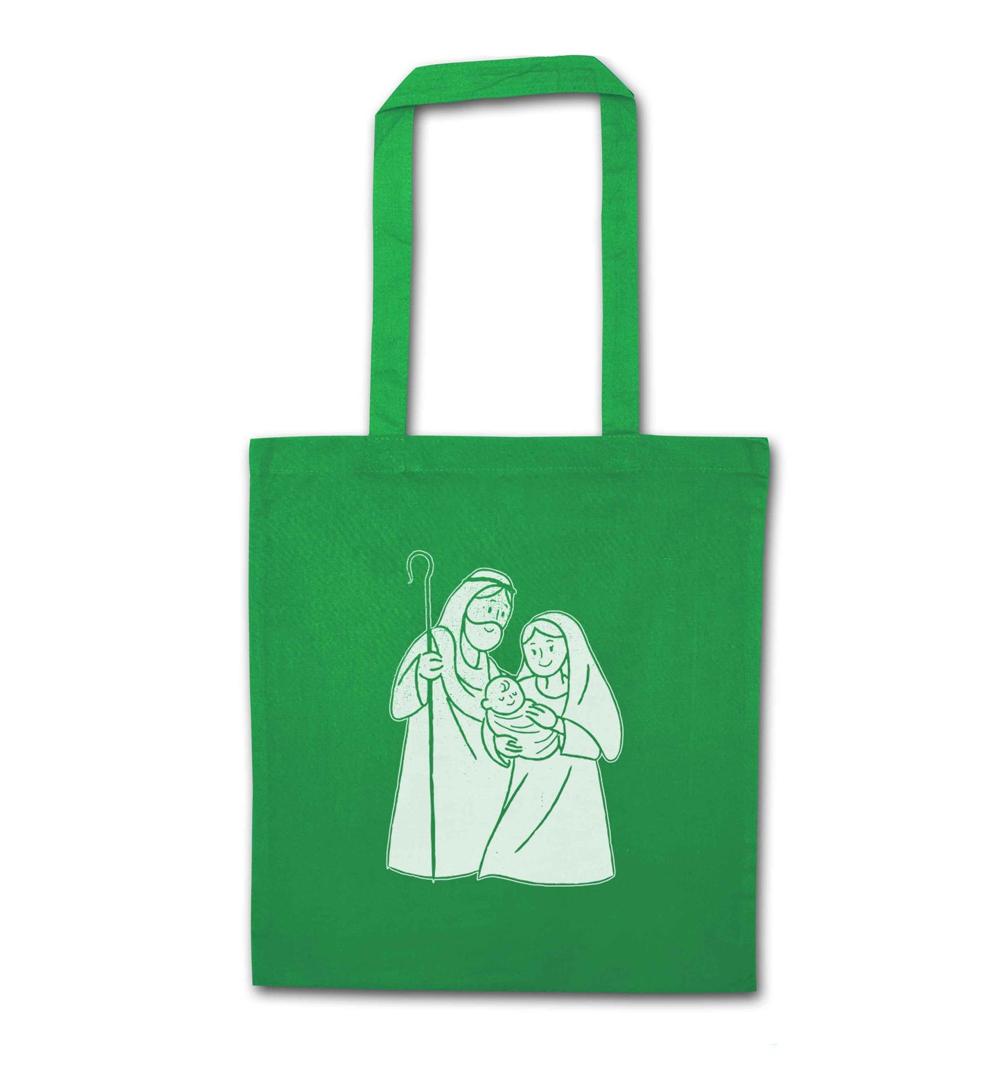 Jesus Mary and joseph green tote bag
