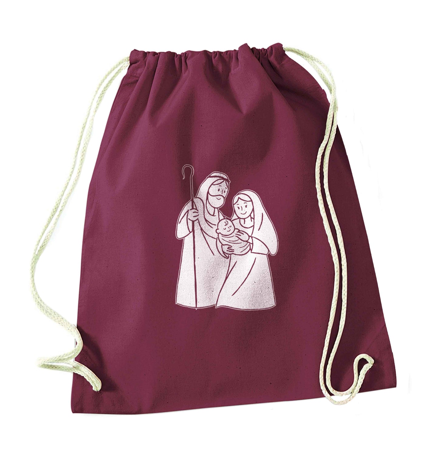 Jesus Mary and joseph maroon drawstring bag