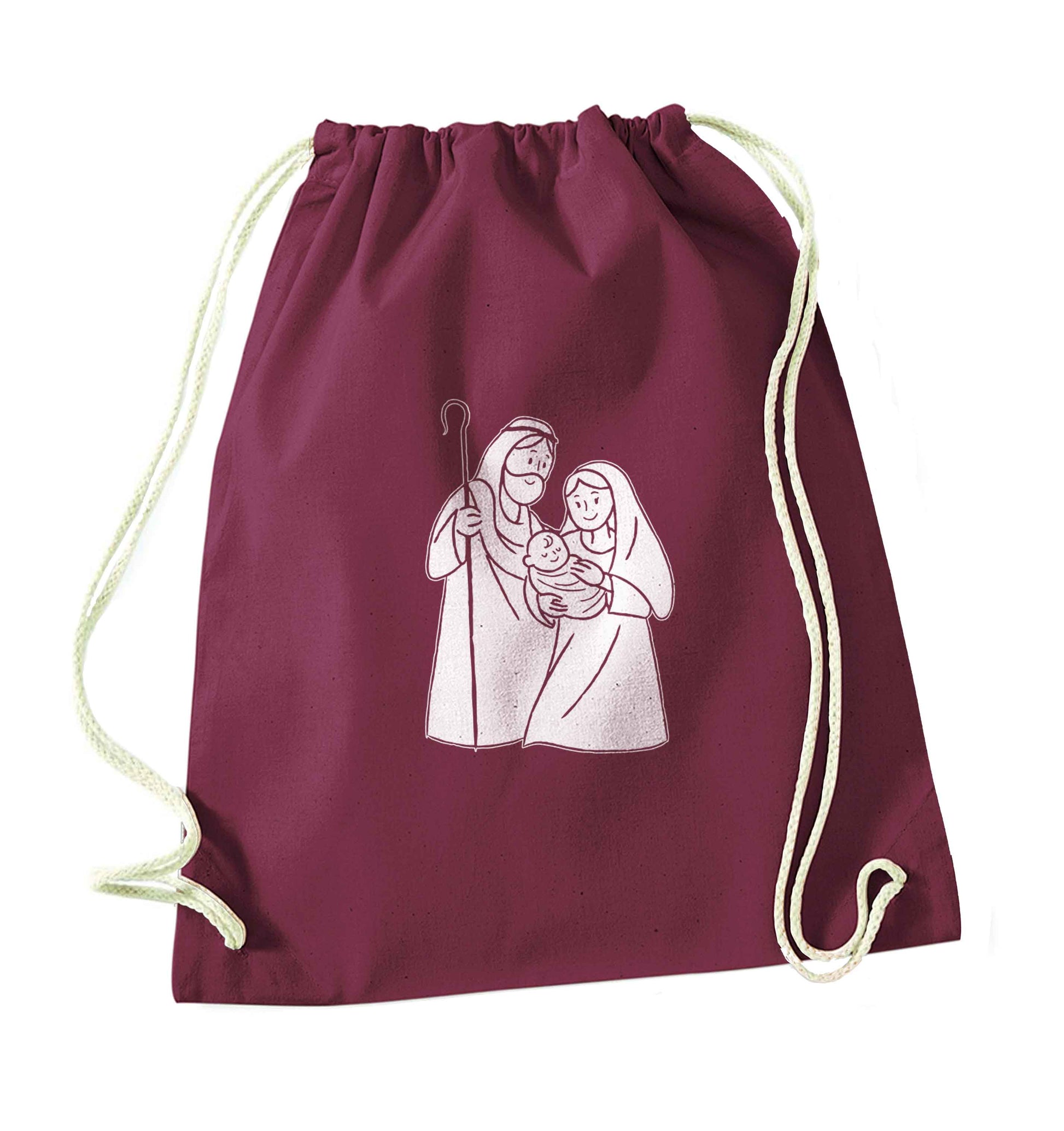 Jesus Mary and joseph maroon drawstring bag