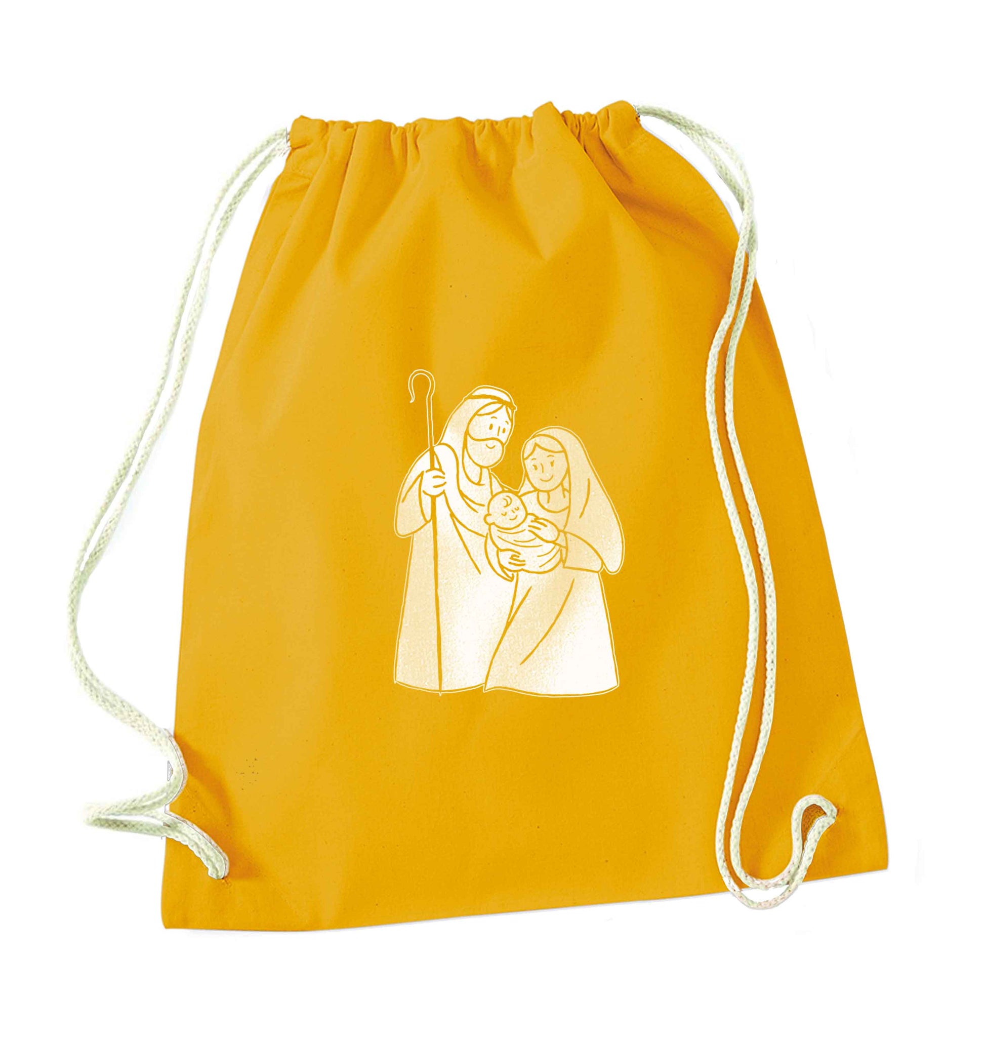 Jesus Mary and joseph mustard drawstring bag