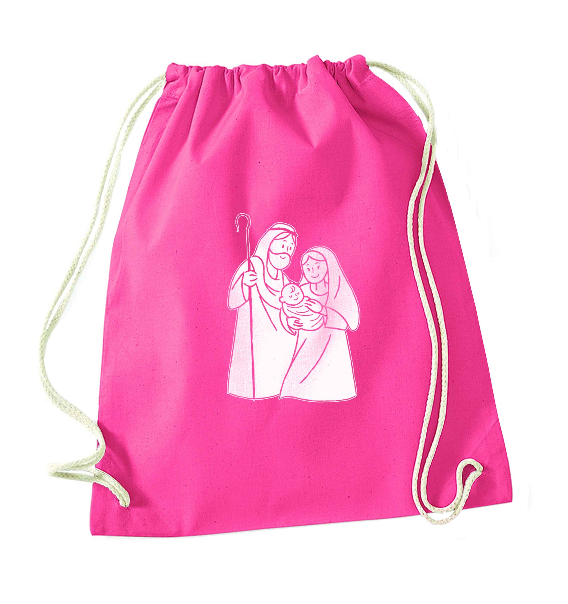 Jesus Mary and joseph pink drawstring bag