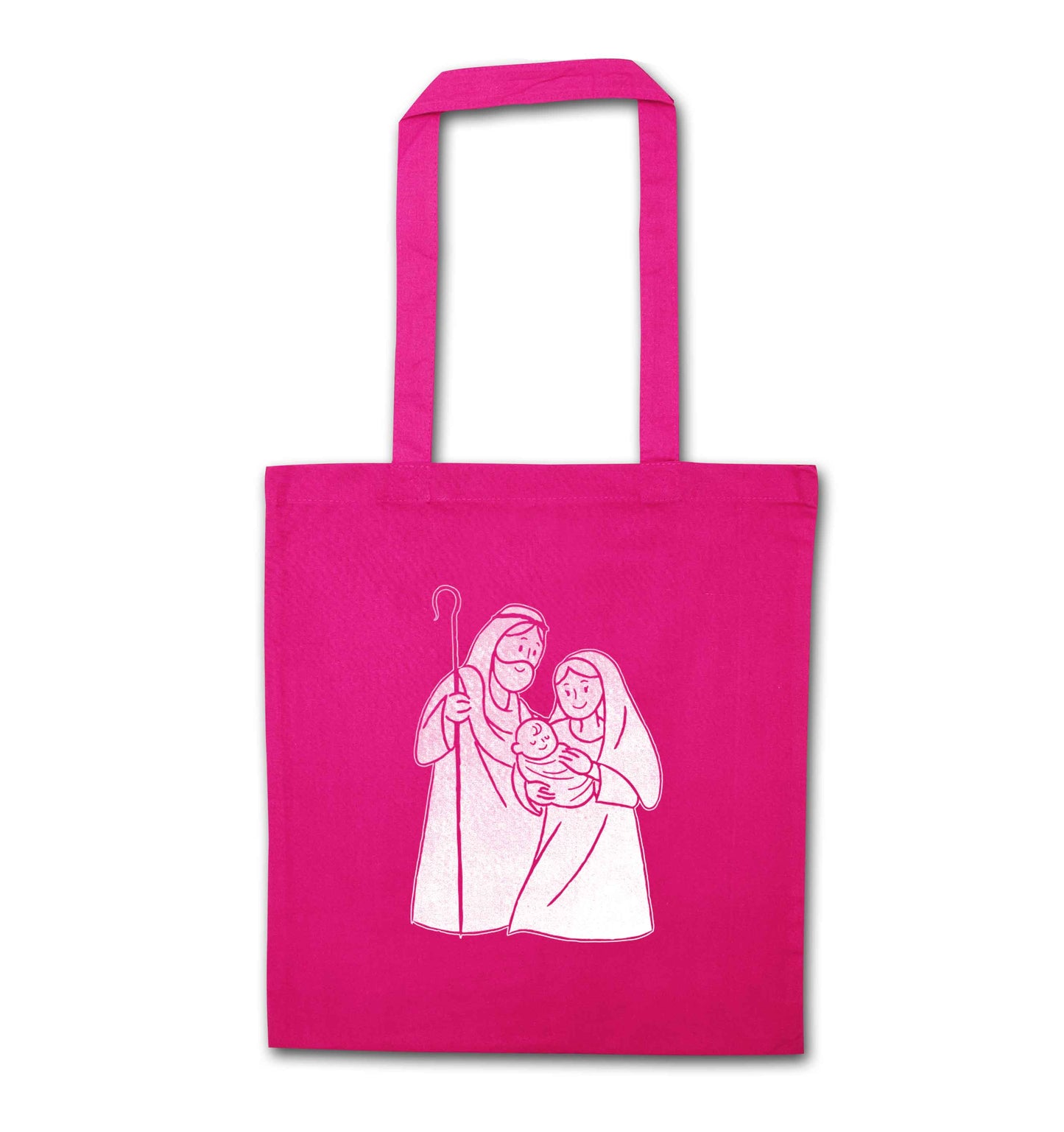 Jesus Mary and joseph pink tote bag