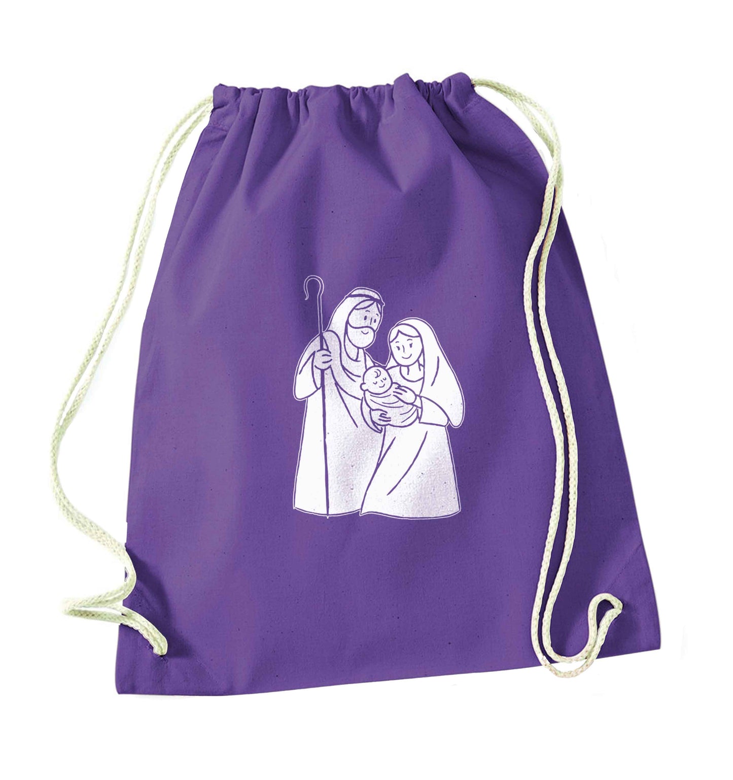 Jesus Mary and joseph purple drawstring bag