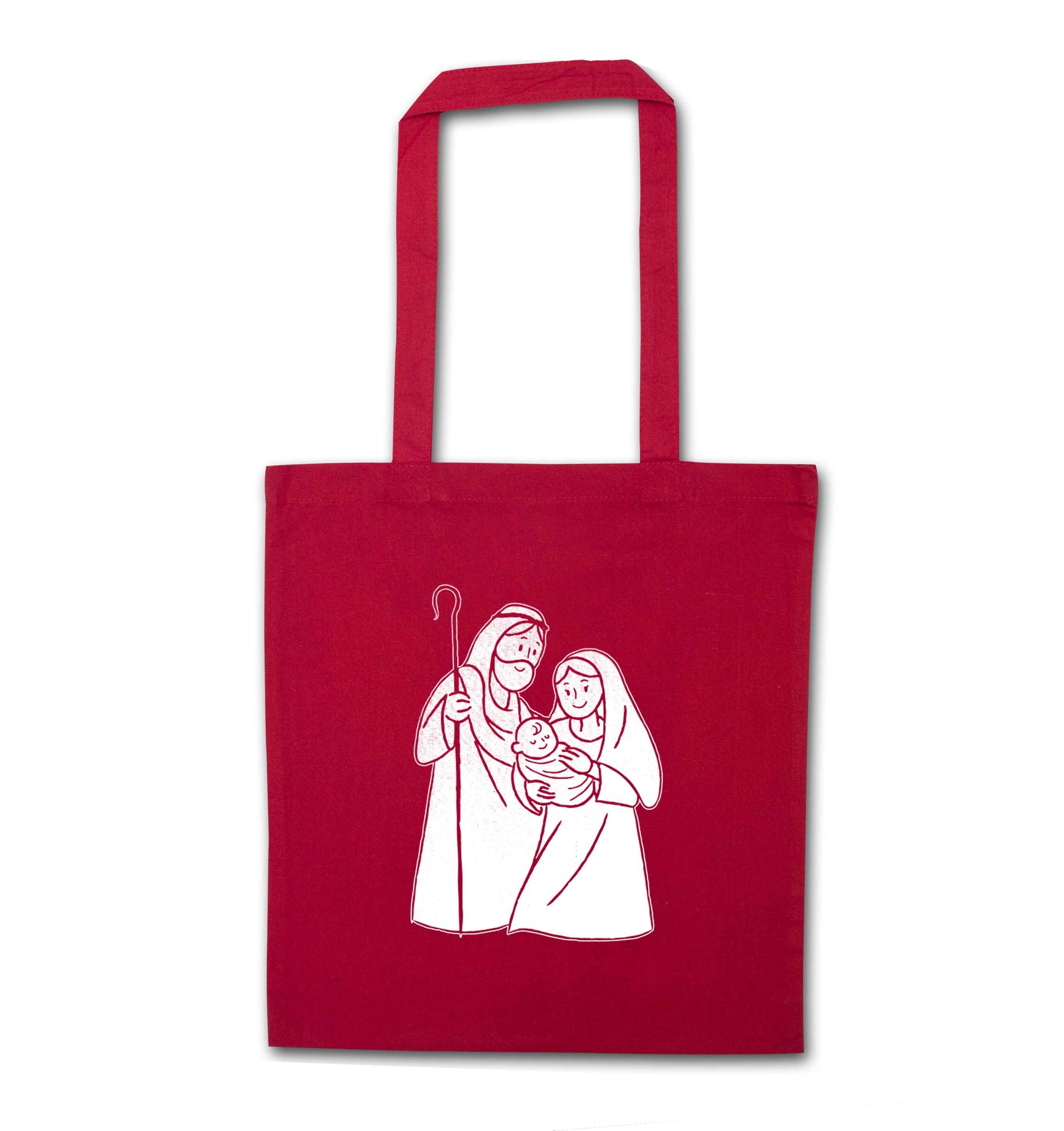 Jesus Mary and joseph red tote bag