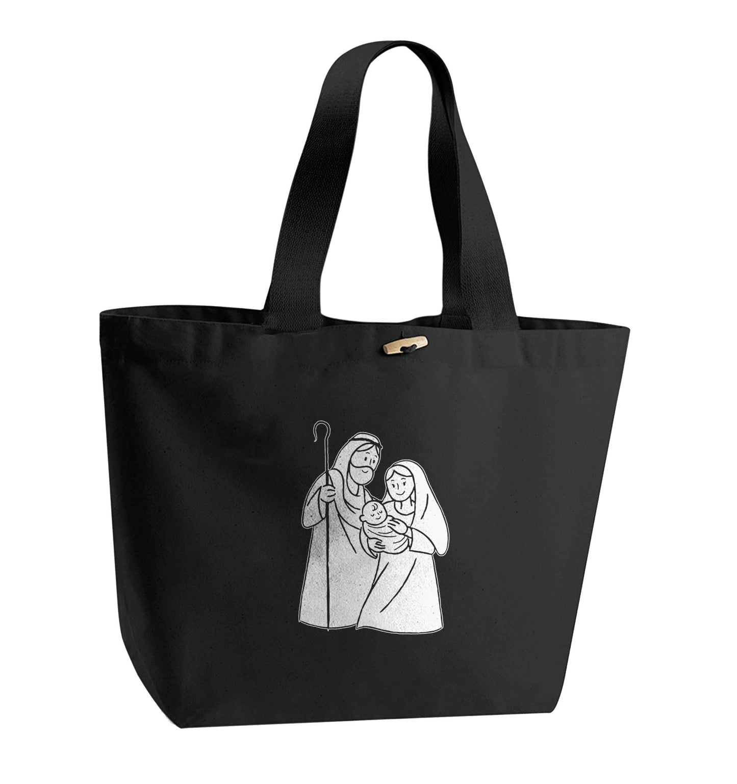 Jesus Mary and joseph organic cotton premium tote bag with wooden toggle in black
