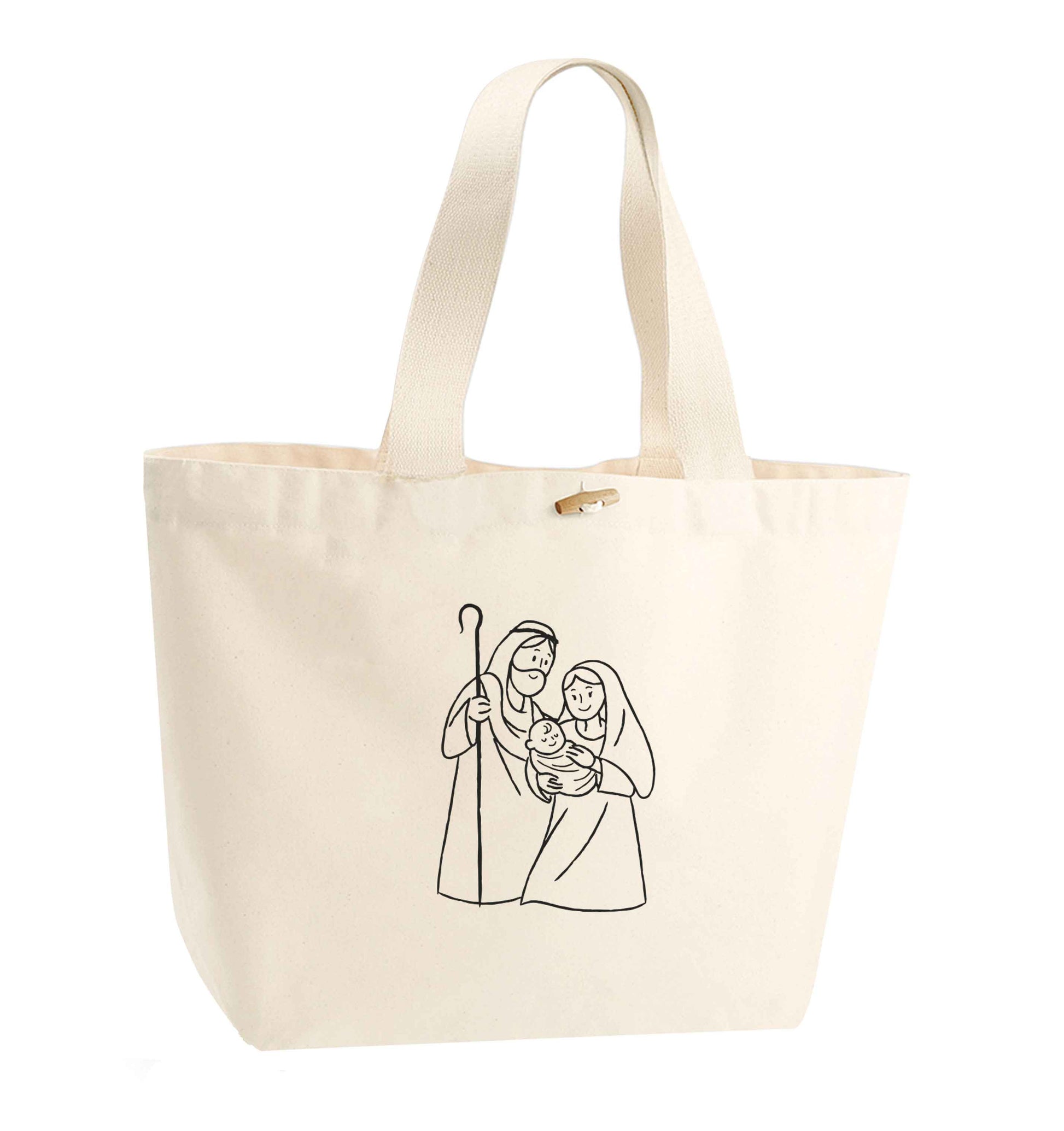 Jesus Mary and joseph organic cotton premium tote bag with wooden toggle in natural