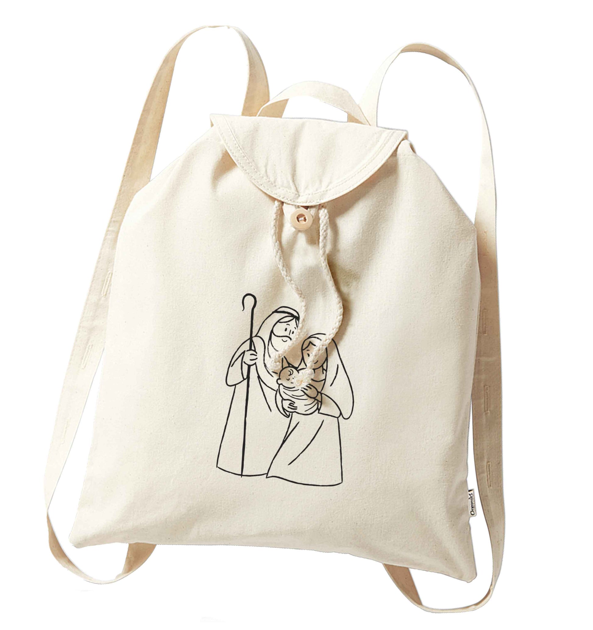 Jesus Mary and joseph organic cotton backpack tote with wooden buttons in natural