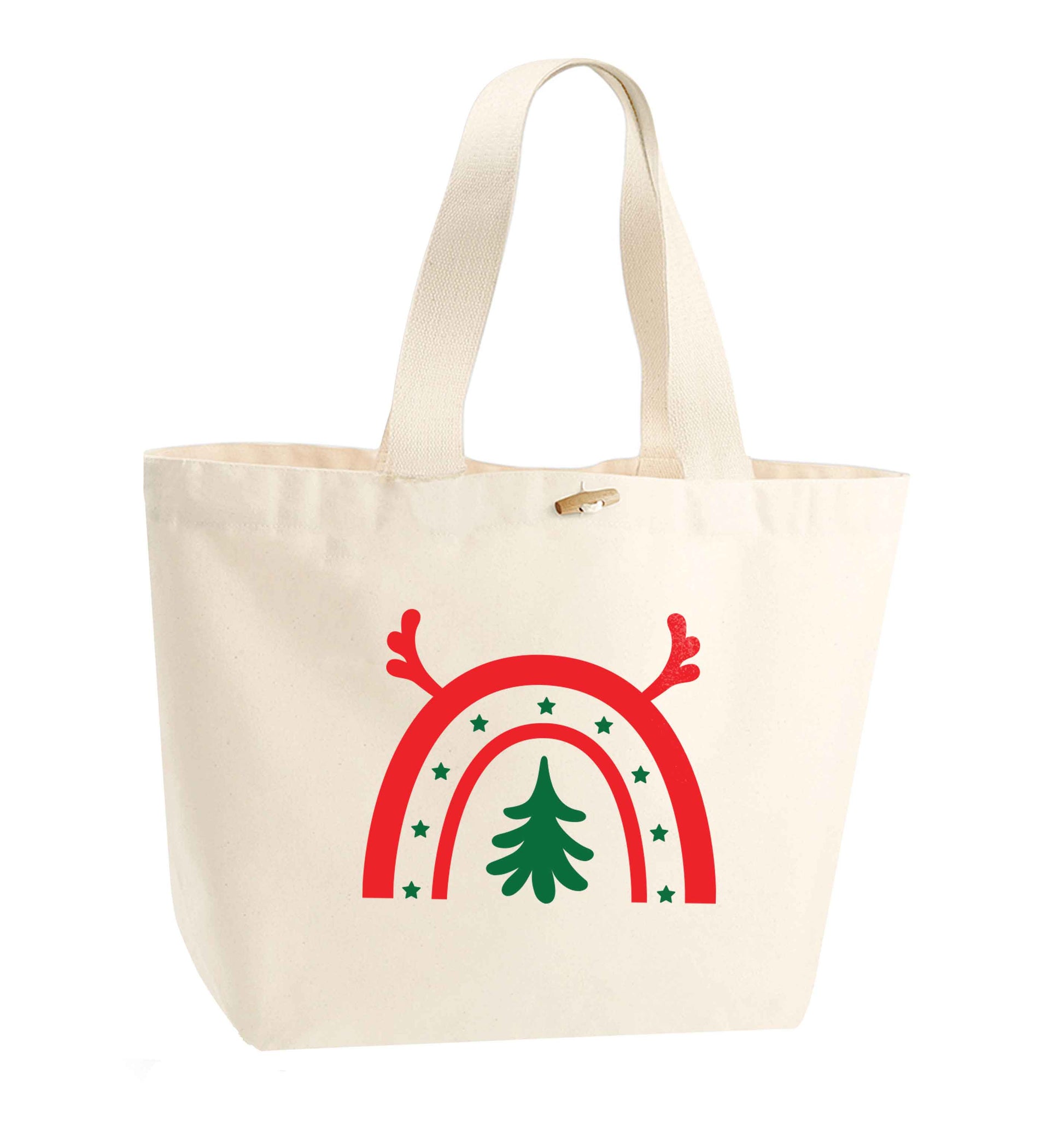 Christmas rainbow organic cotton premium tote bag with wooden toggle in natural
