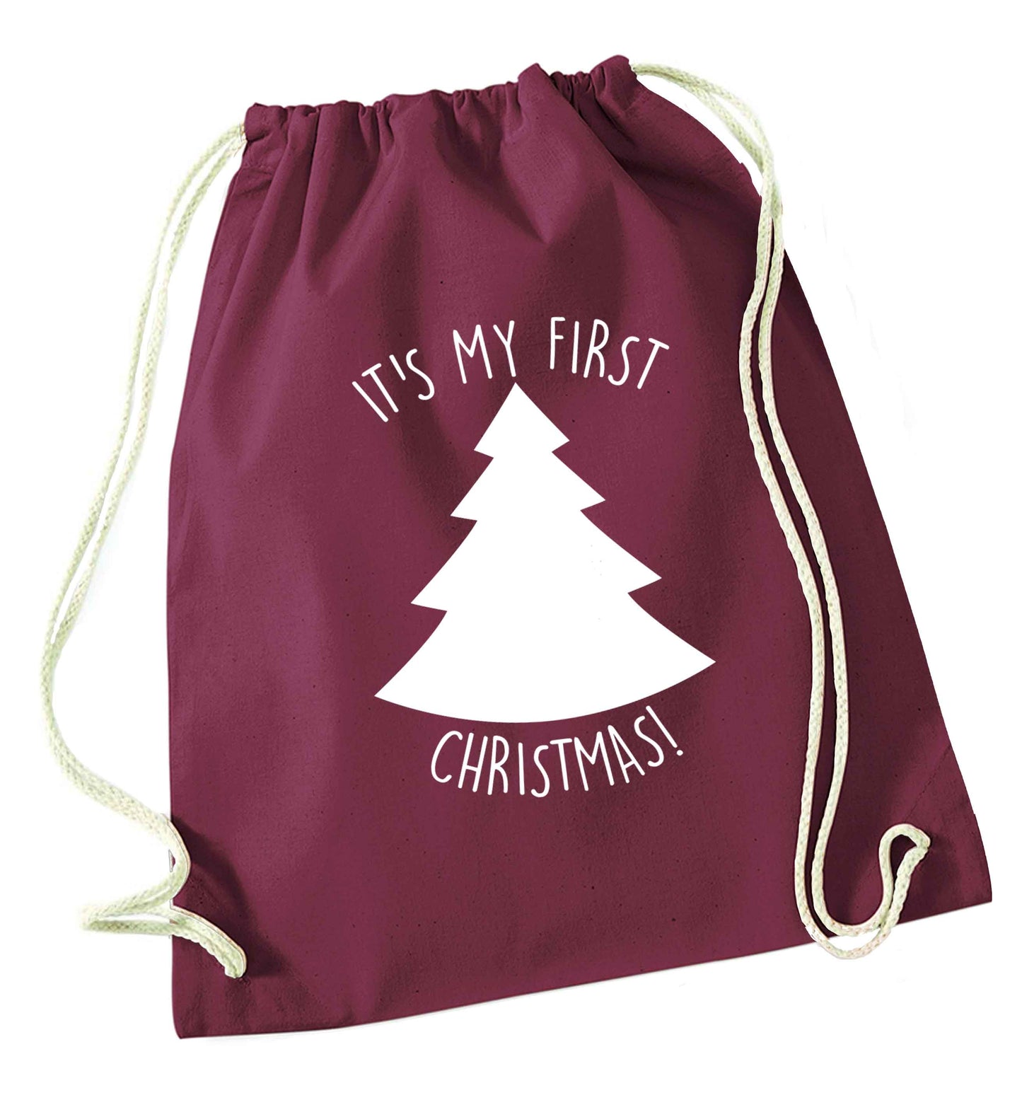It's my first Christmas - tree maroon drawstring bag