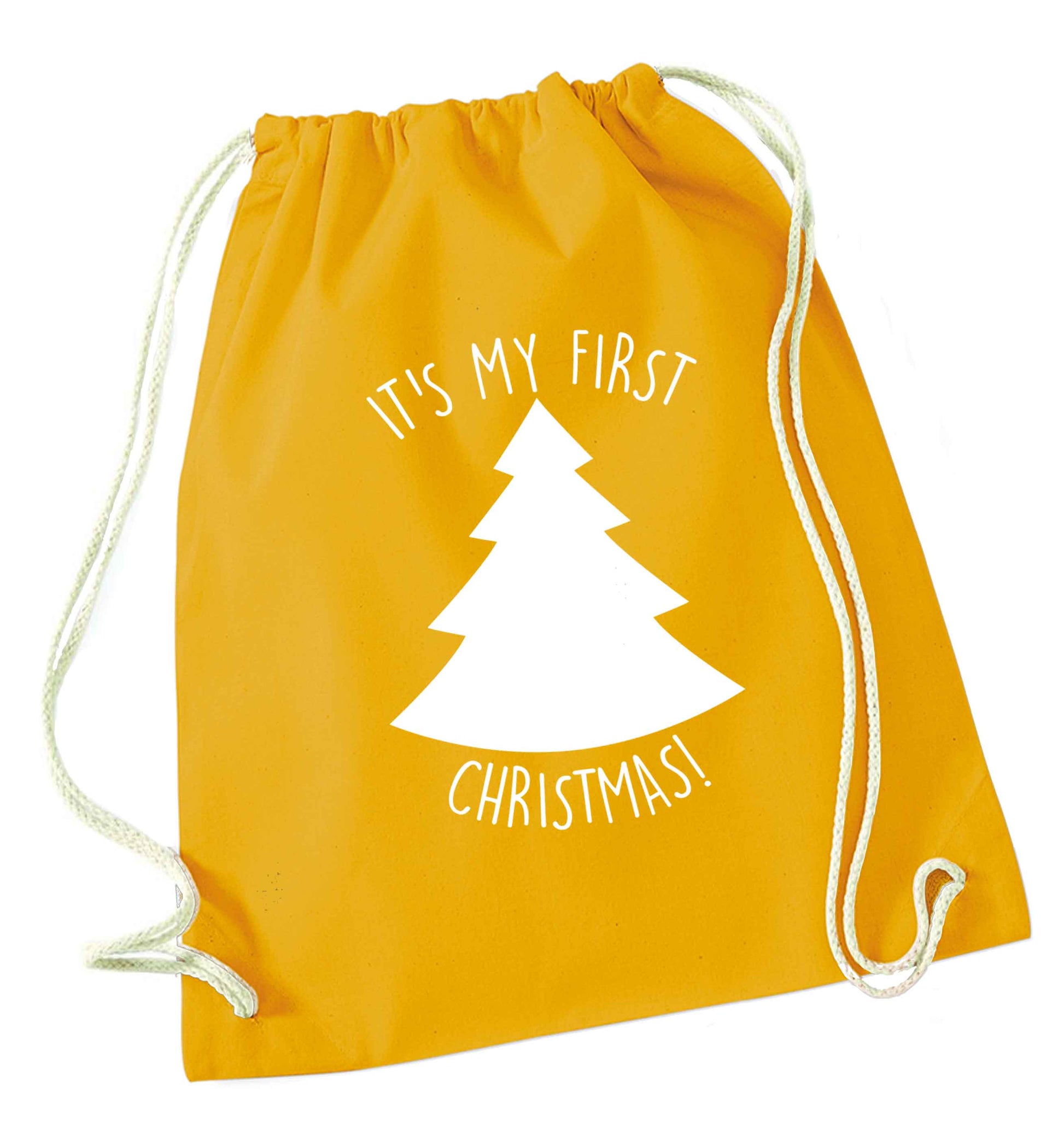 It's my first Christmas - tree mustard drawstring bag
