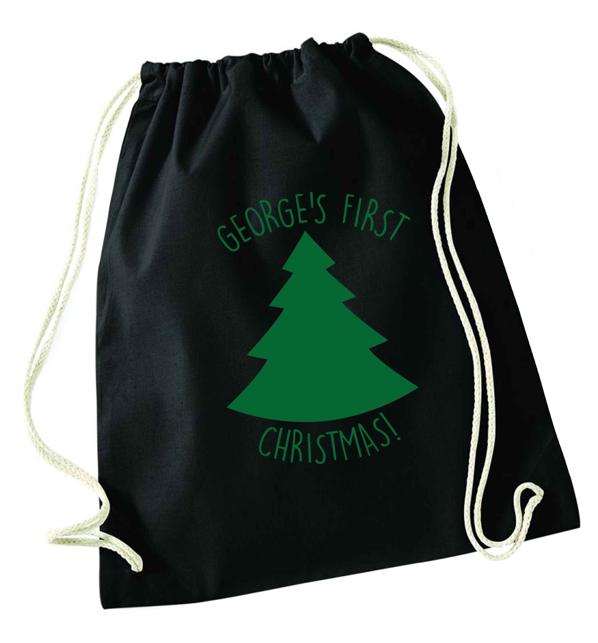 Personalised it's my first Christmas - tree black drawstring bag