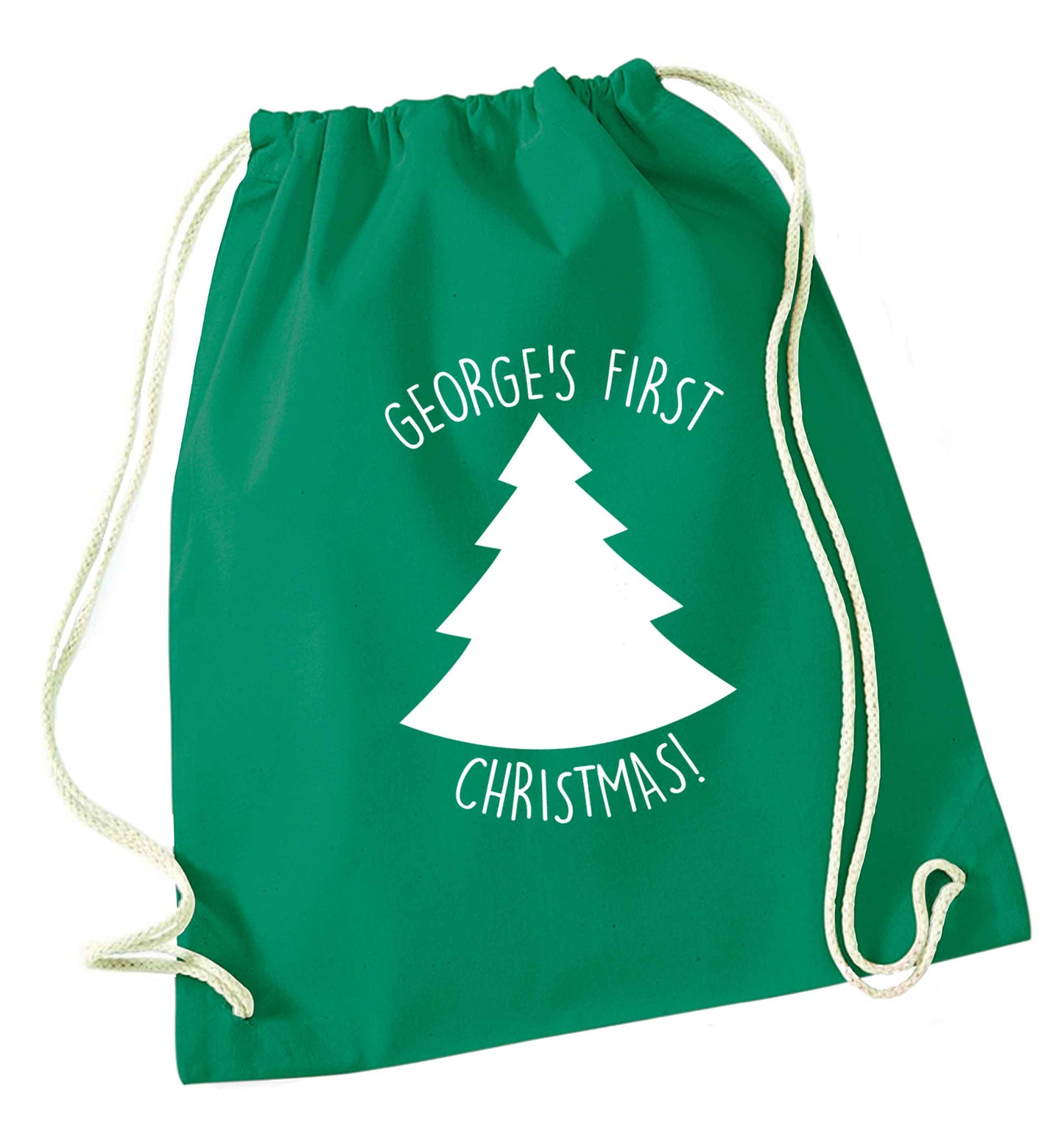 Personalised it's my first Christmas - tree green drawstring bag