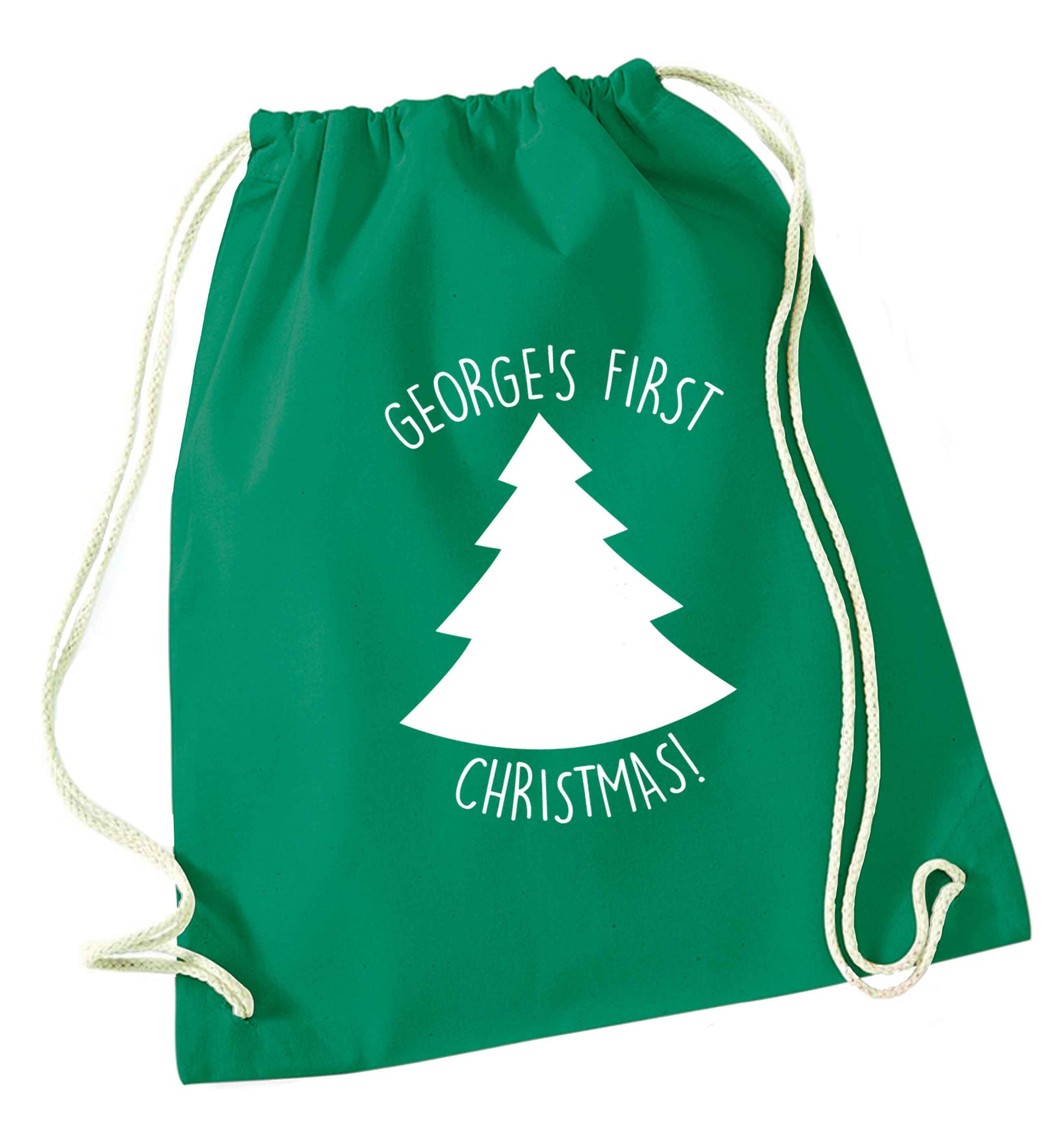 Personalised it's my first Christmas - tree green drawstring bag